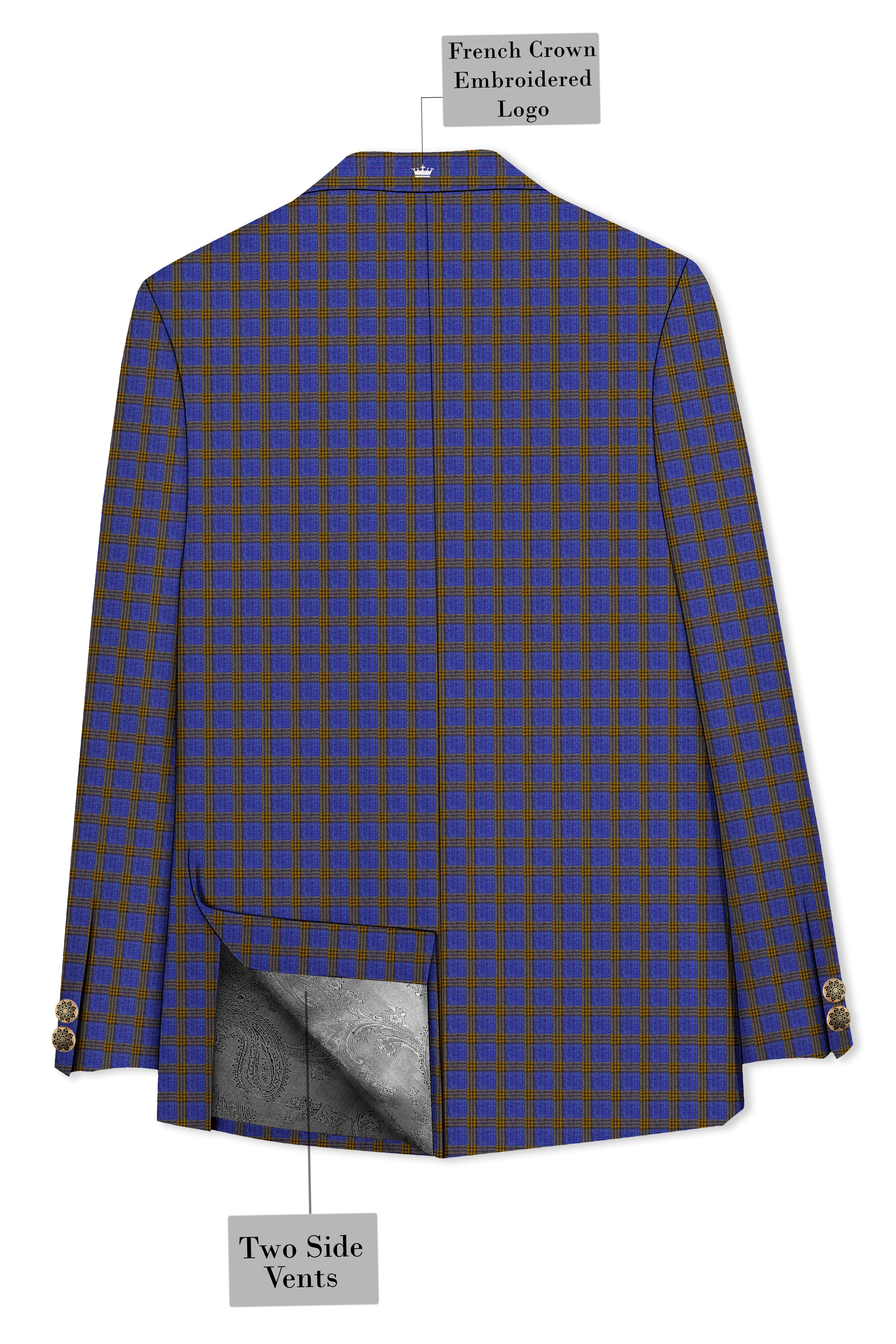 Twilight Blue with Alpine Brown Plaid Cross Placket Bandhgala Blazer