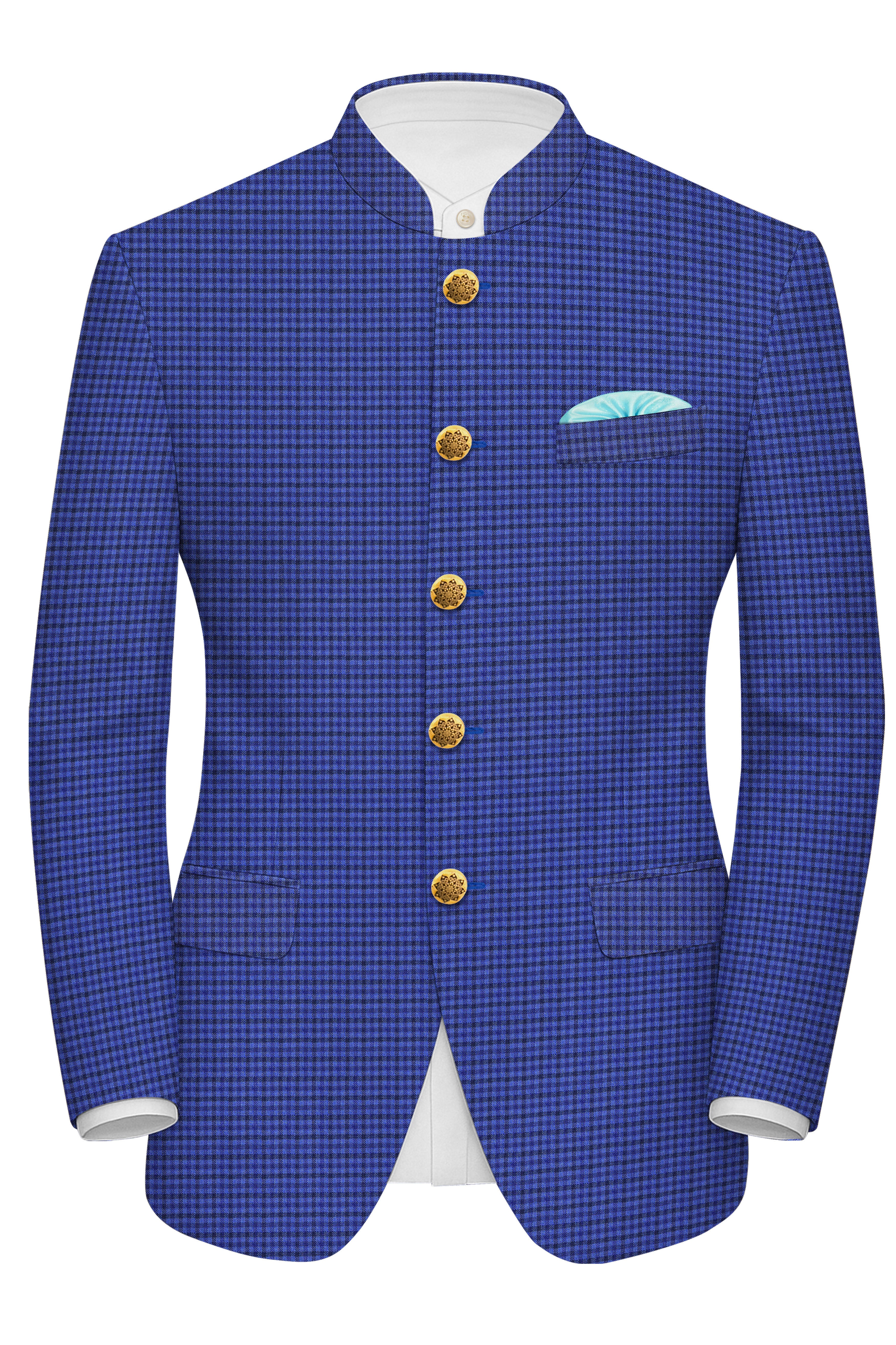 Victoria Blue Gingham Checkered Bandhgala Blazer