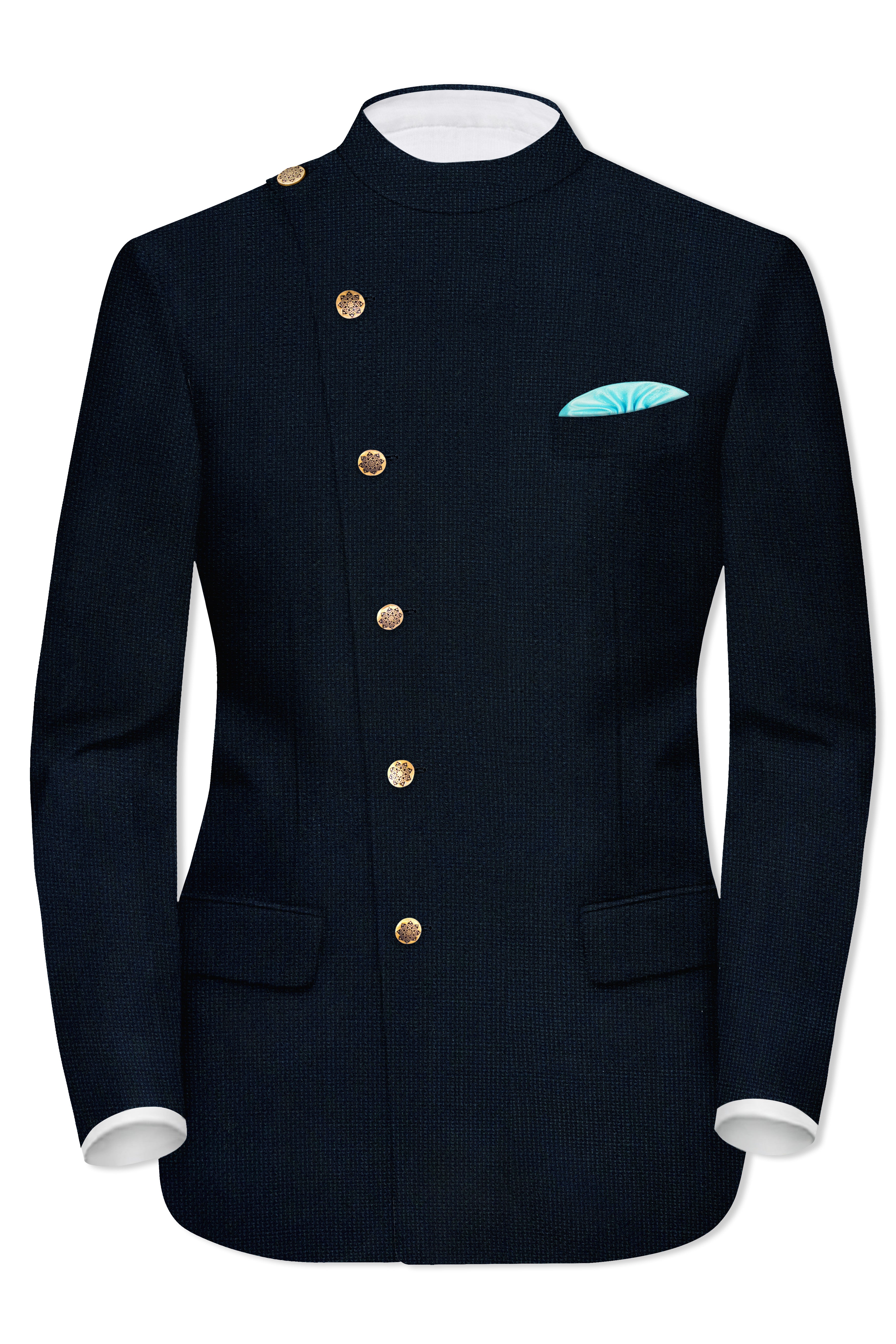 Firefly Navy Blue Premium Cotton Cross Placket Bandhgala Blazer