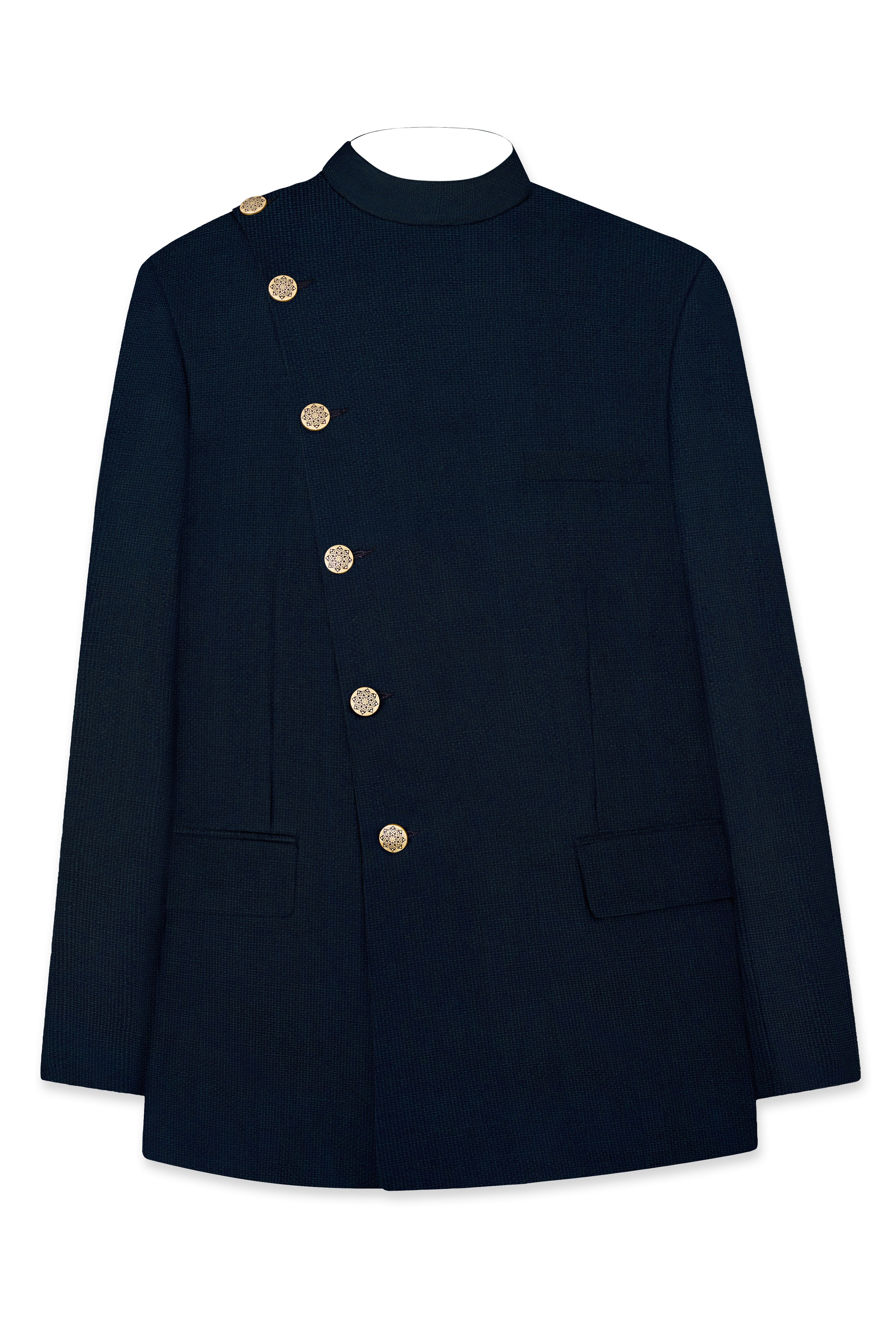Firefly Navy Blue Premium Cotton Cross Placket Bandhgala Blazer