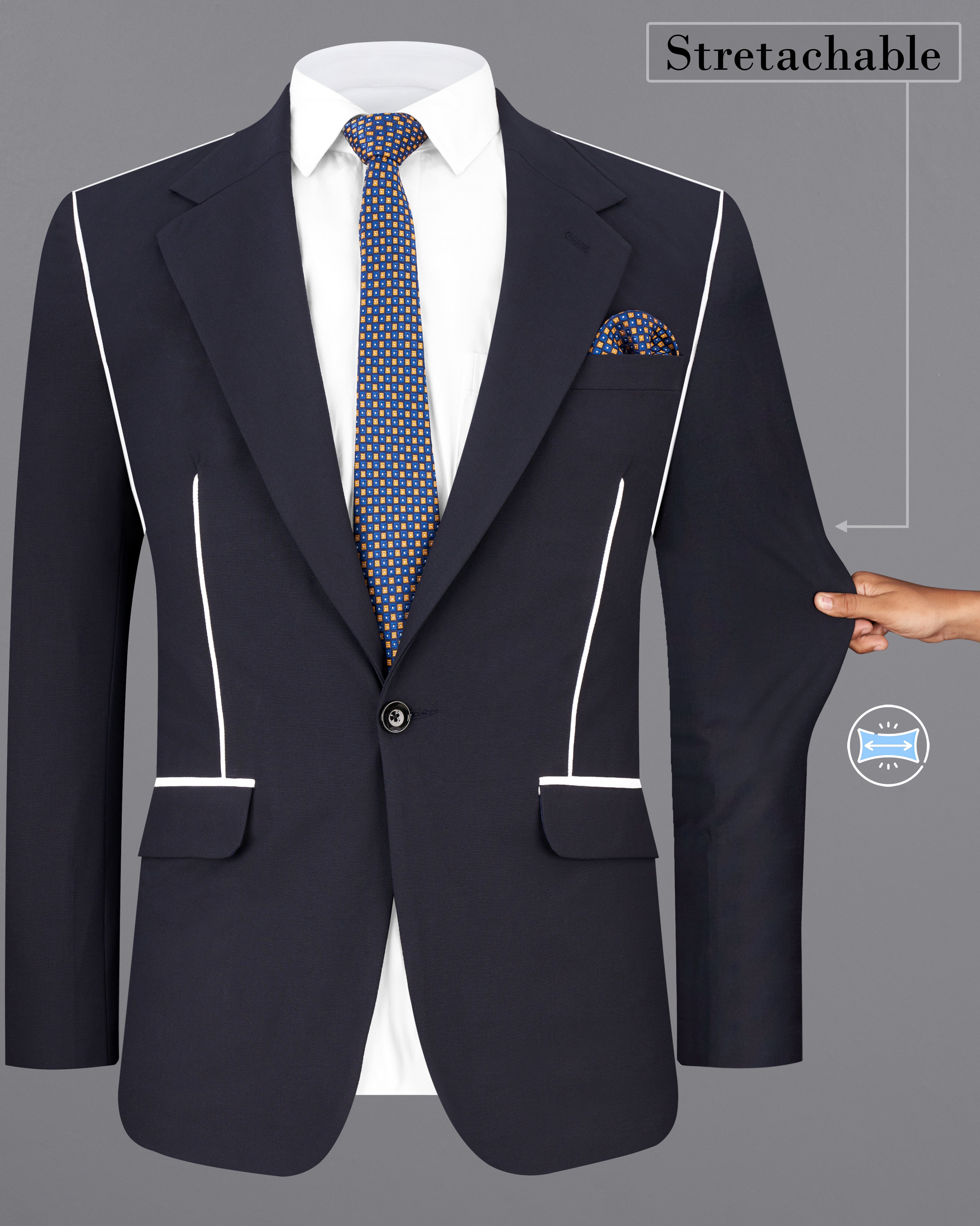 Thunder Blue with White Piping Work Single Breasted Stretchable Designer traveler Blazer