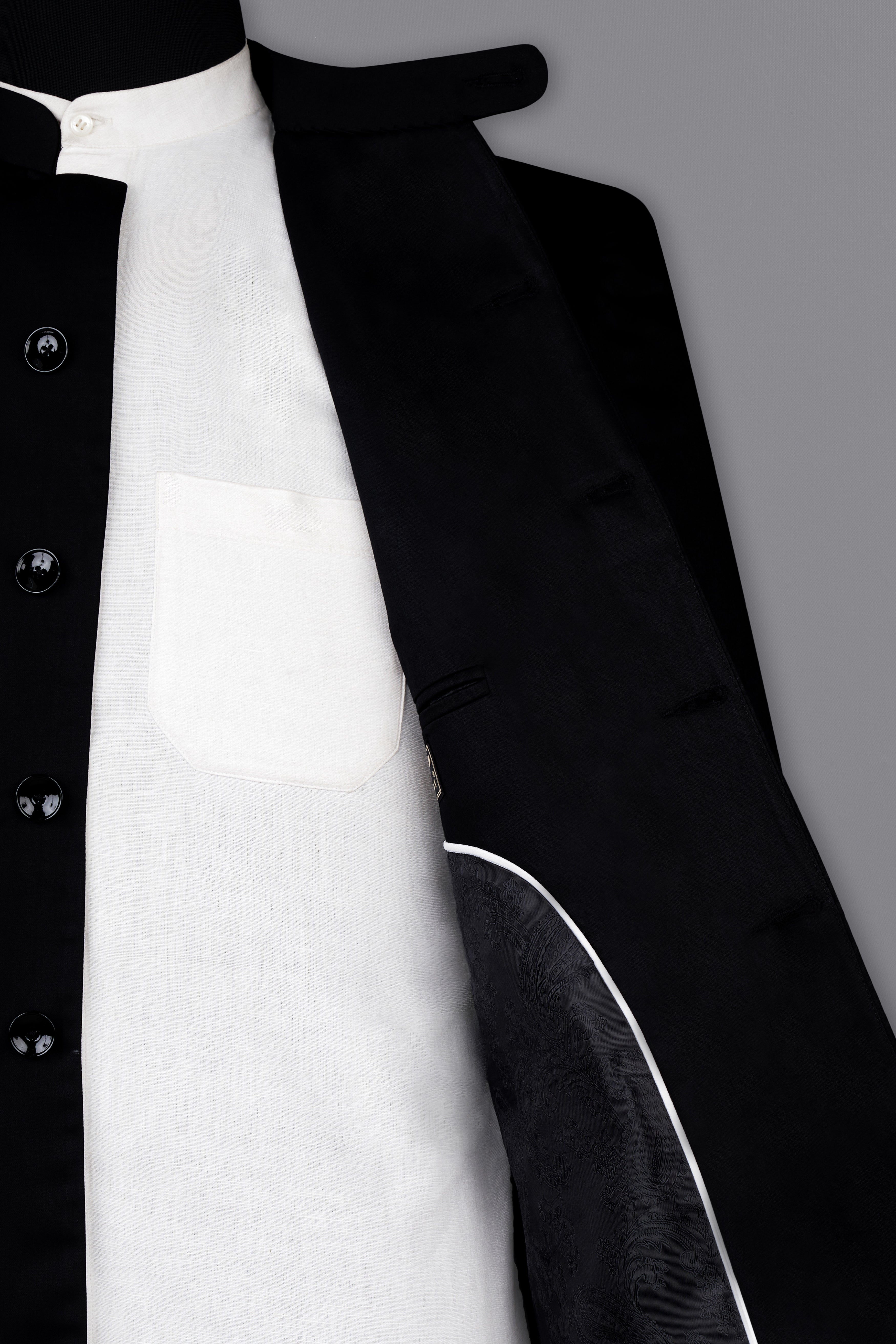 Noirex-Korean Black (The Best Black We Have ) 4-Way Stretch Wrinkle-Free Fluid Drape Fabric Bandhgala Designer Blazer