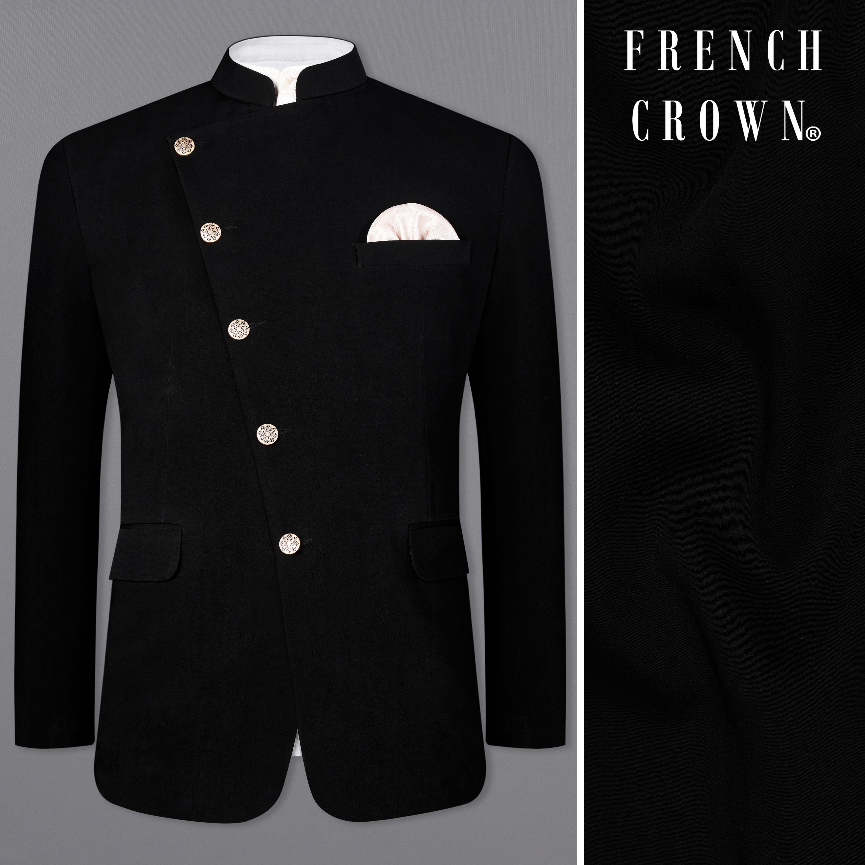 Korean Black (The Best Black We Have) Cross-Buttoned Bandhgala Blazer BL2605-CBG-36, BL2605-CBG-38, BL2605-CBG-40, BL2605-CBG-42, BL2605-CBG-44, BL2605-CBG-46, BL2605-CBG-48, BL2605-CBG-50, BL2605-CBG-52, BL2605-CBG-54, BL2605-CBG-56, BL2605-CBG-58, BL2605-CBG-60