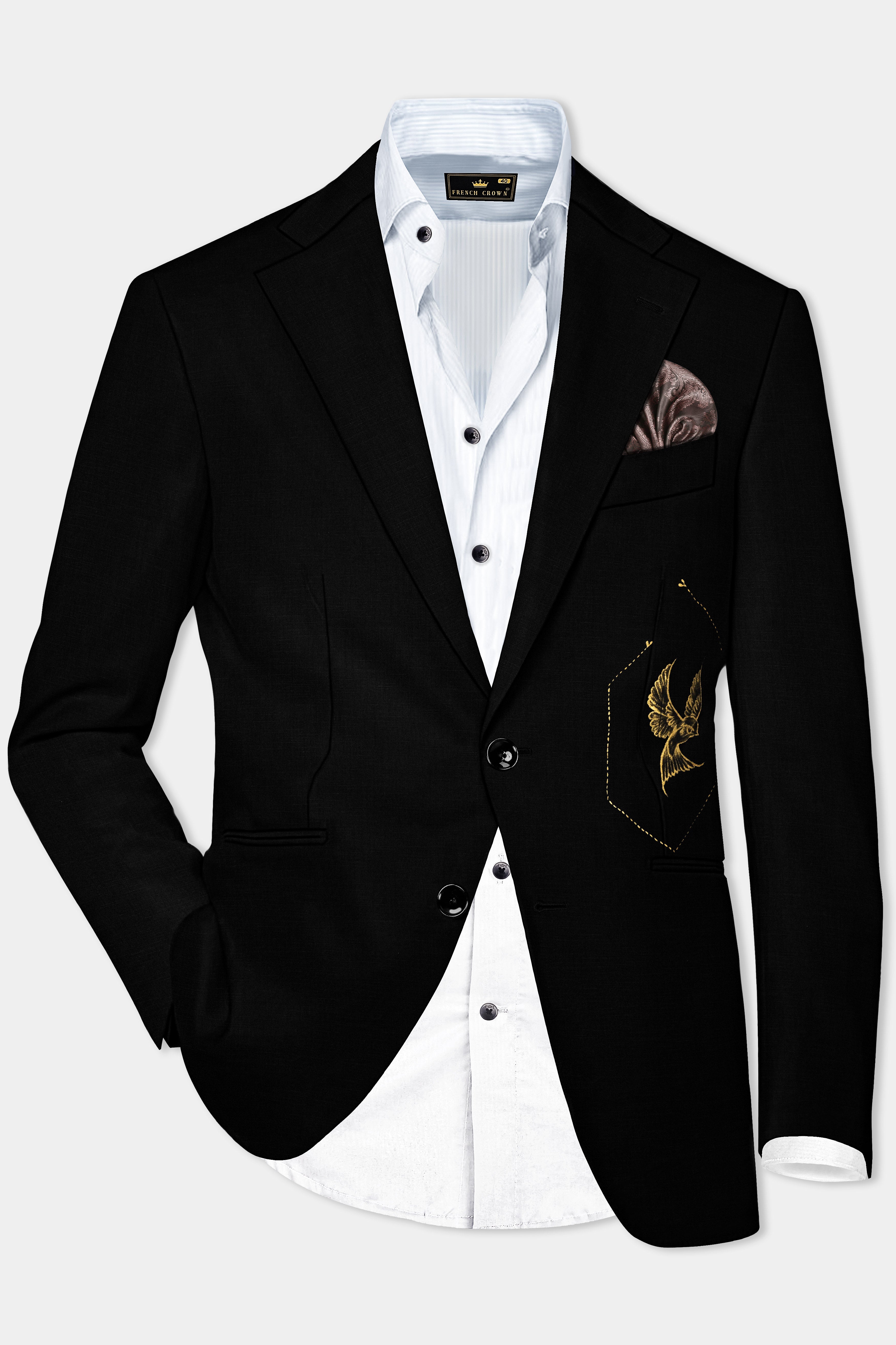 Jade Black Bird Hand Painted Stretchable Single Breasted Designer Blazer