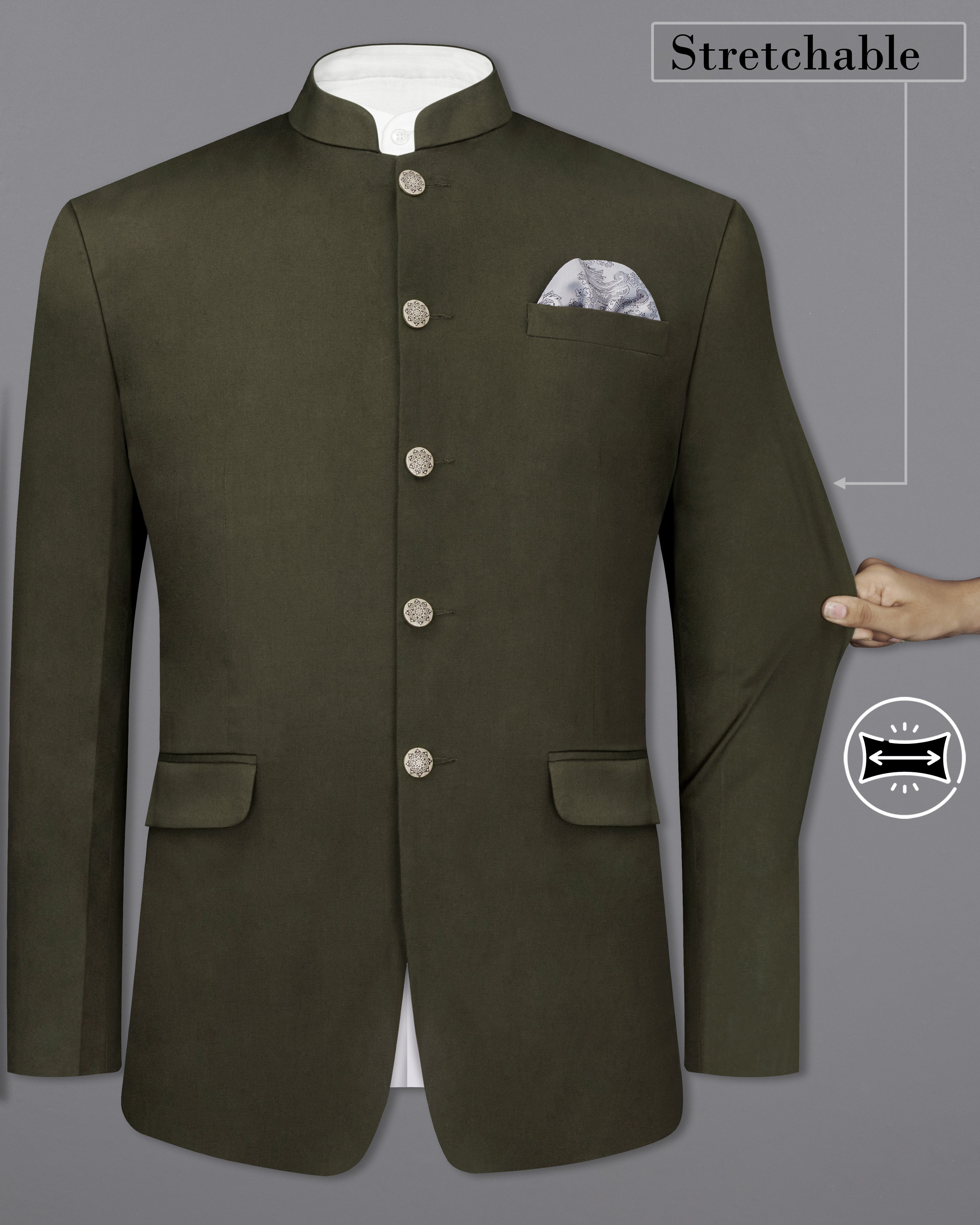 Taupe Green Cross Placket Stretchable Premium Cotton Bandhgala traveler Blazer