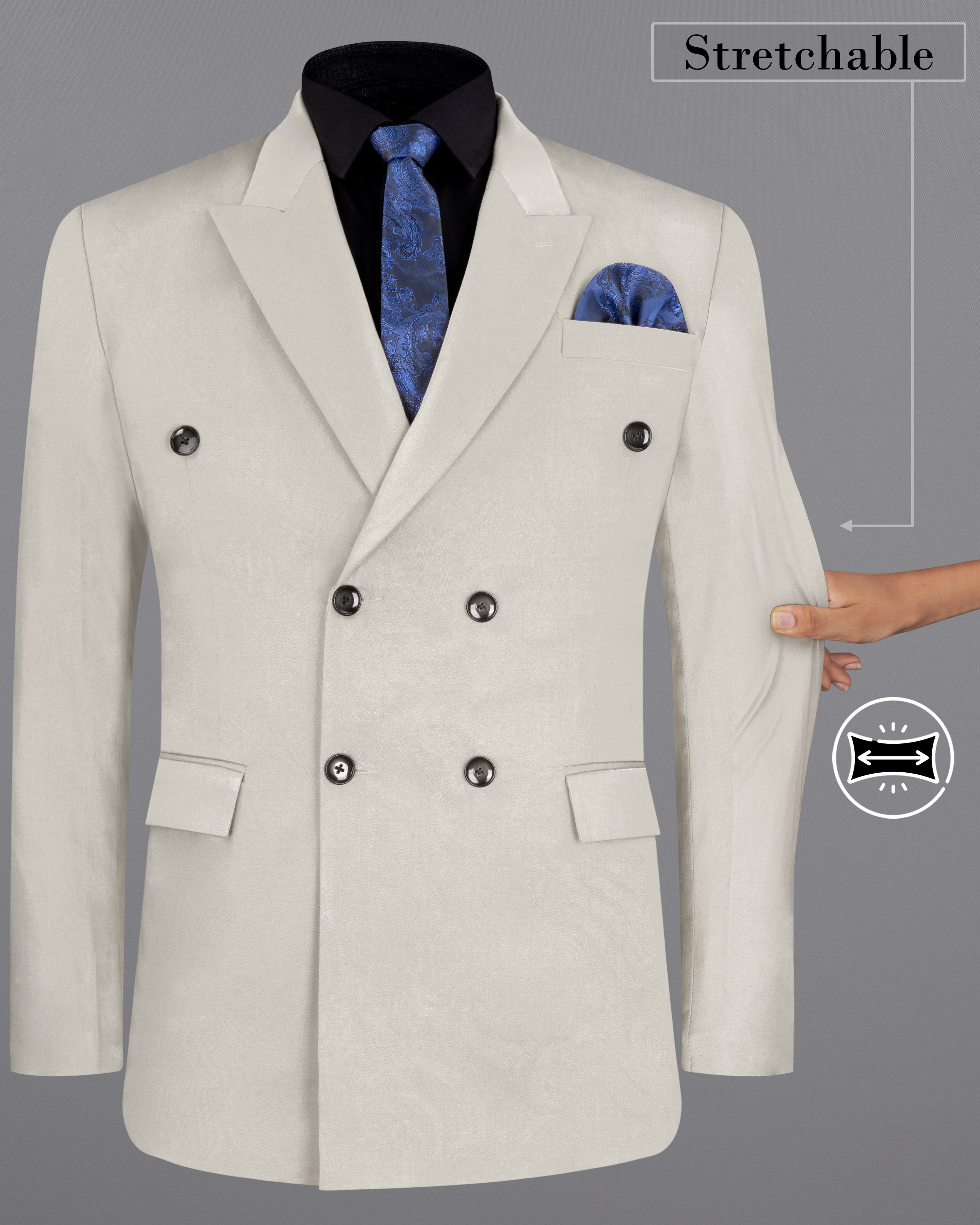 Sisal Light Gray Stretchable Double Breasted Premium Cotton traveler Blazer