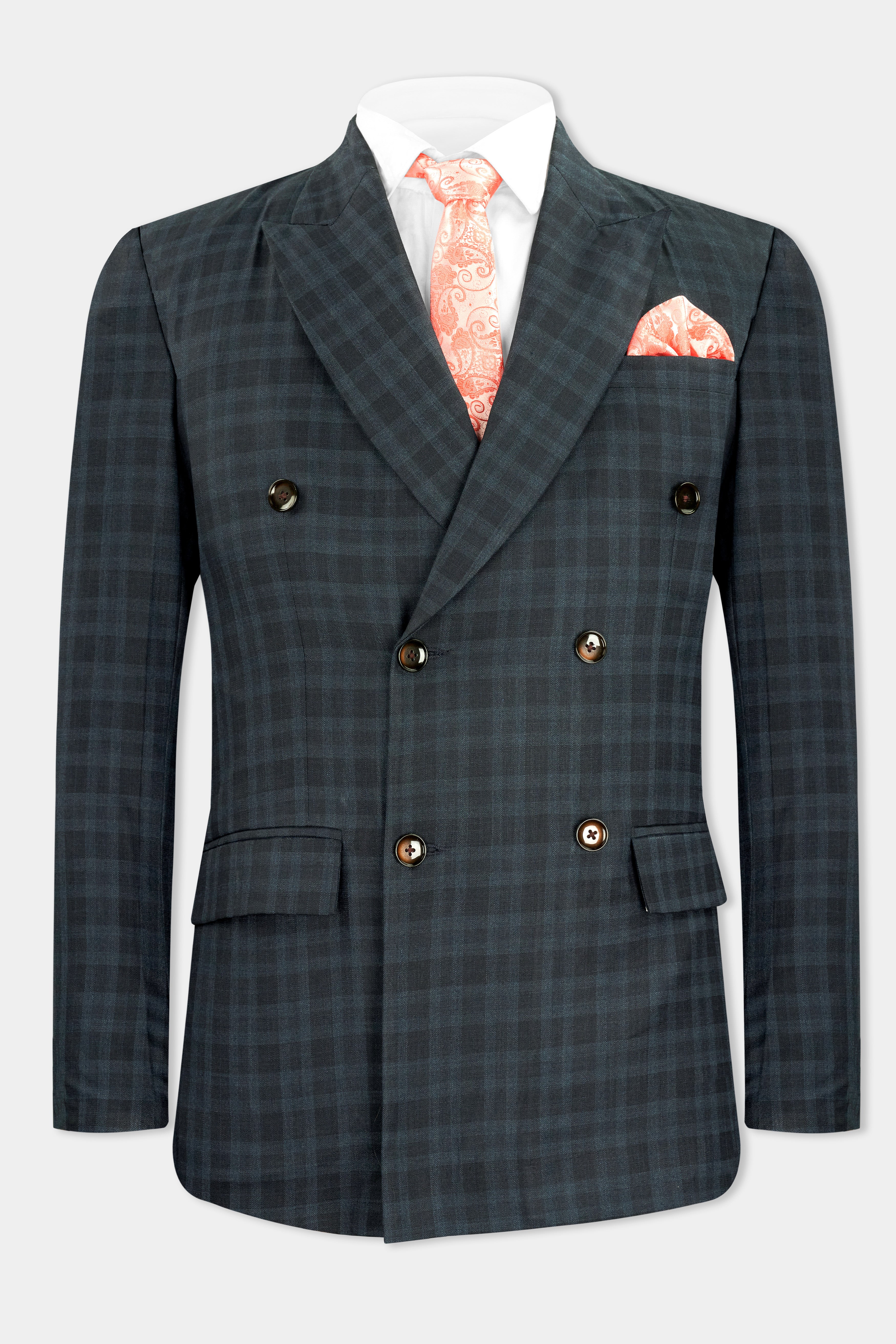 Baltic Sea Blue with Tuna Navy Blue Checkered Wool Rich Double Breasted Blazer