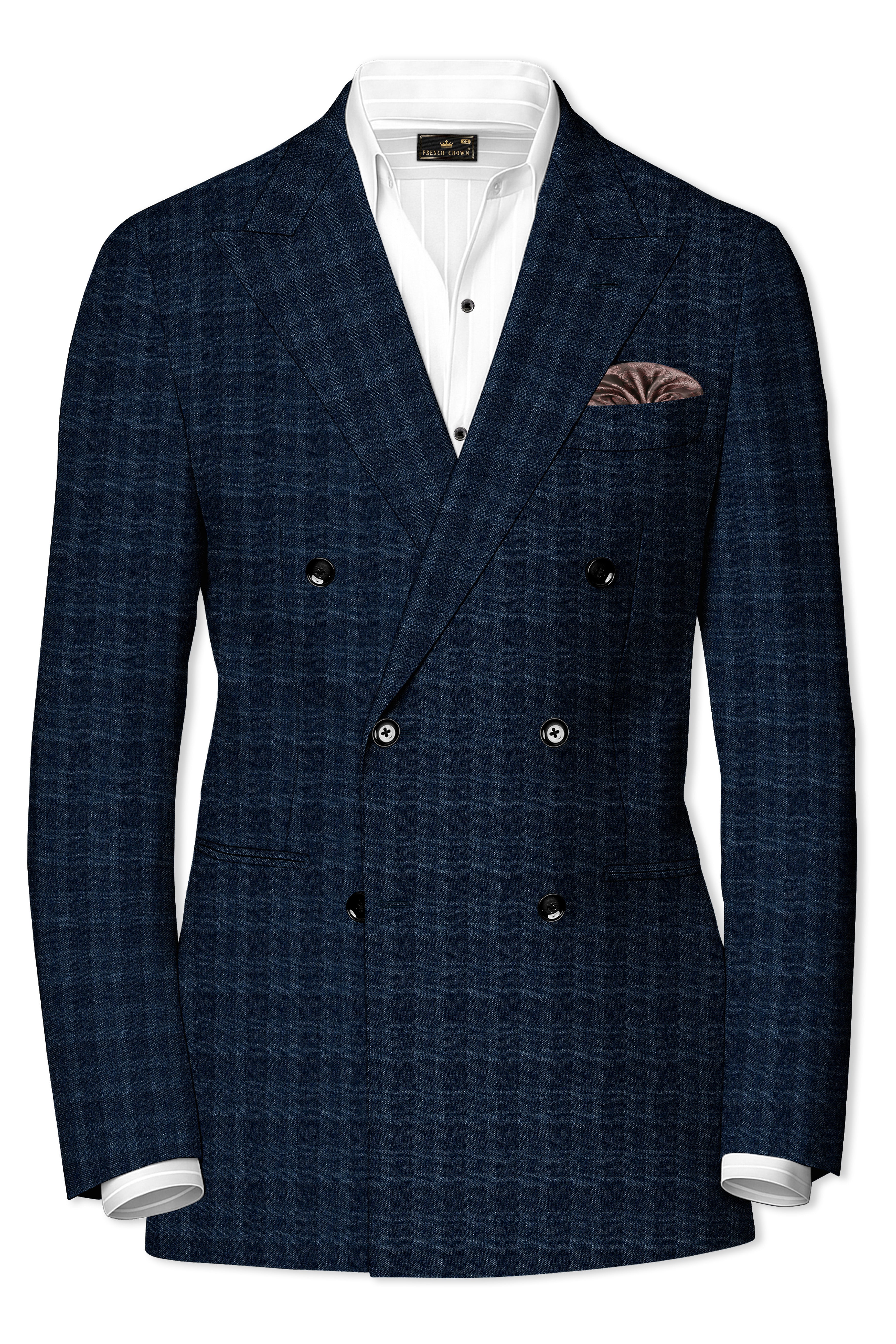 Baltic Sea Blue with Tuna Navy Blue Checkered Wool Rich Double Breasted Blazer