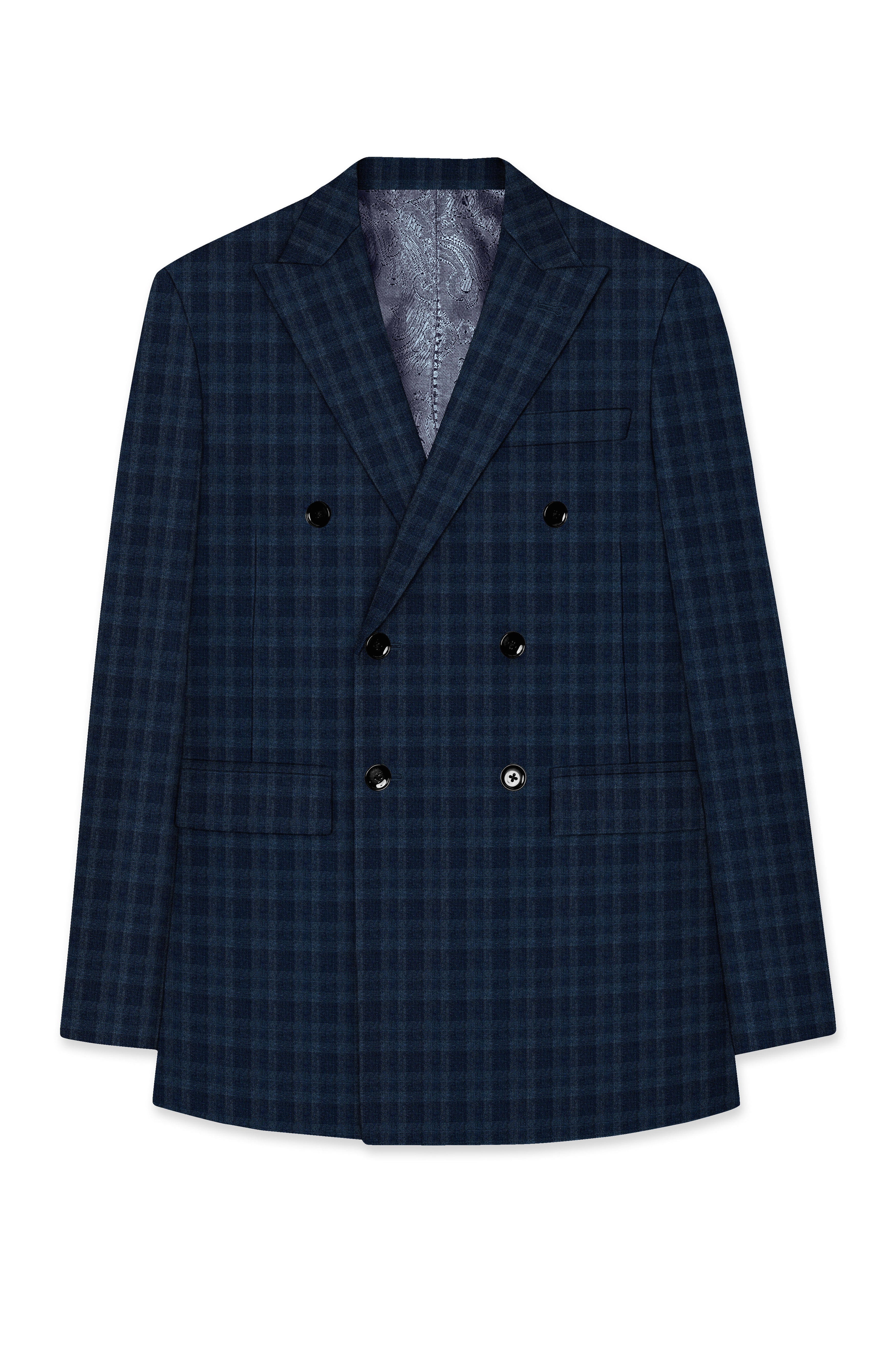 Baltic Sea Blue with Tuna Navy Blue Checkered Wool Rich Double Breasted Blazer