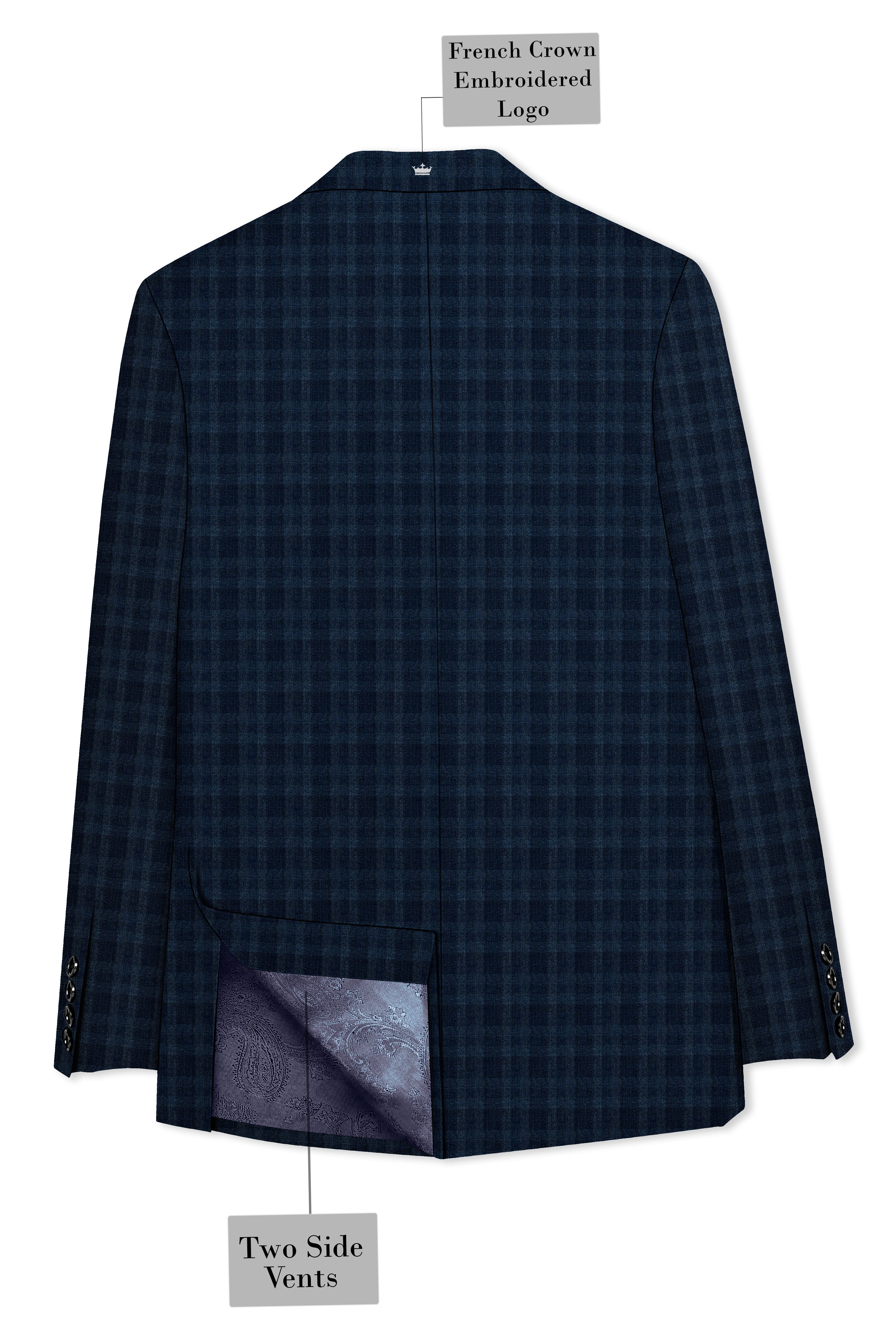 Baltic Sea Blue with Tuna Navy Blue Checkered Wool Rich Double Breasted Blazer