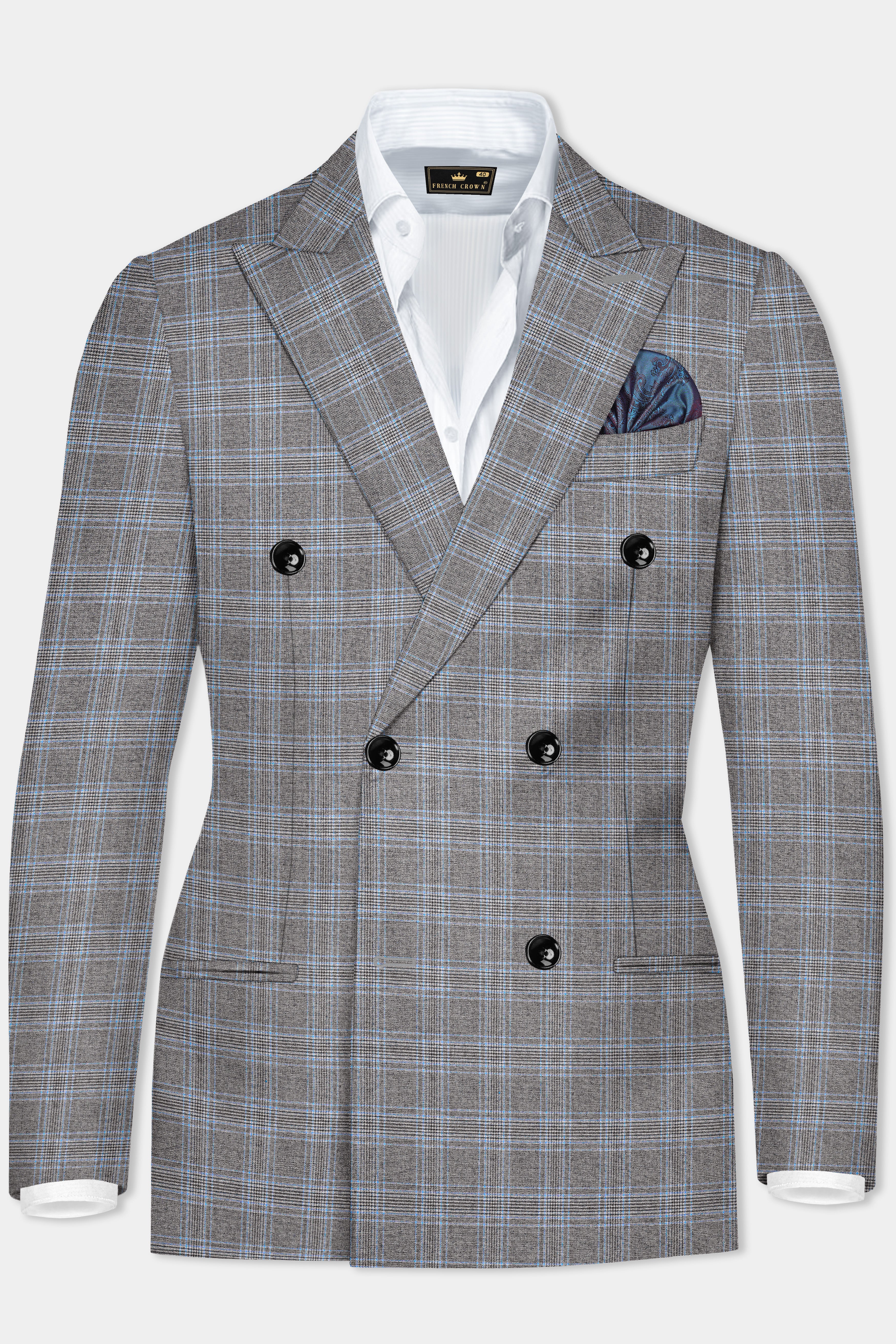 Dorado Blue with Casper Gray Plaid Wool Rich Double Breasted Blazer