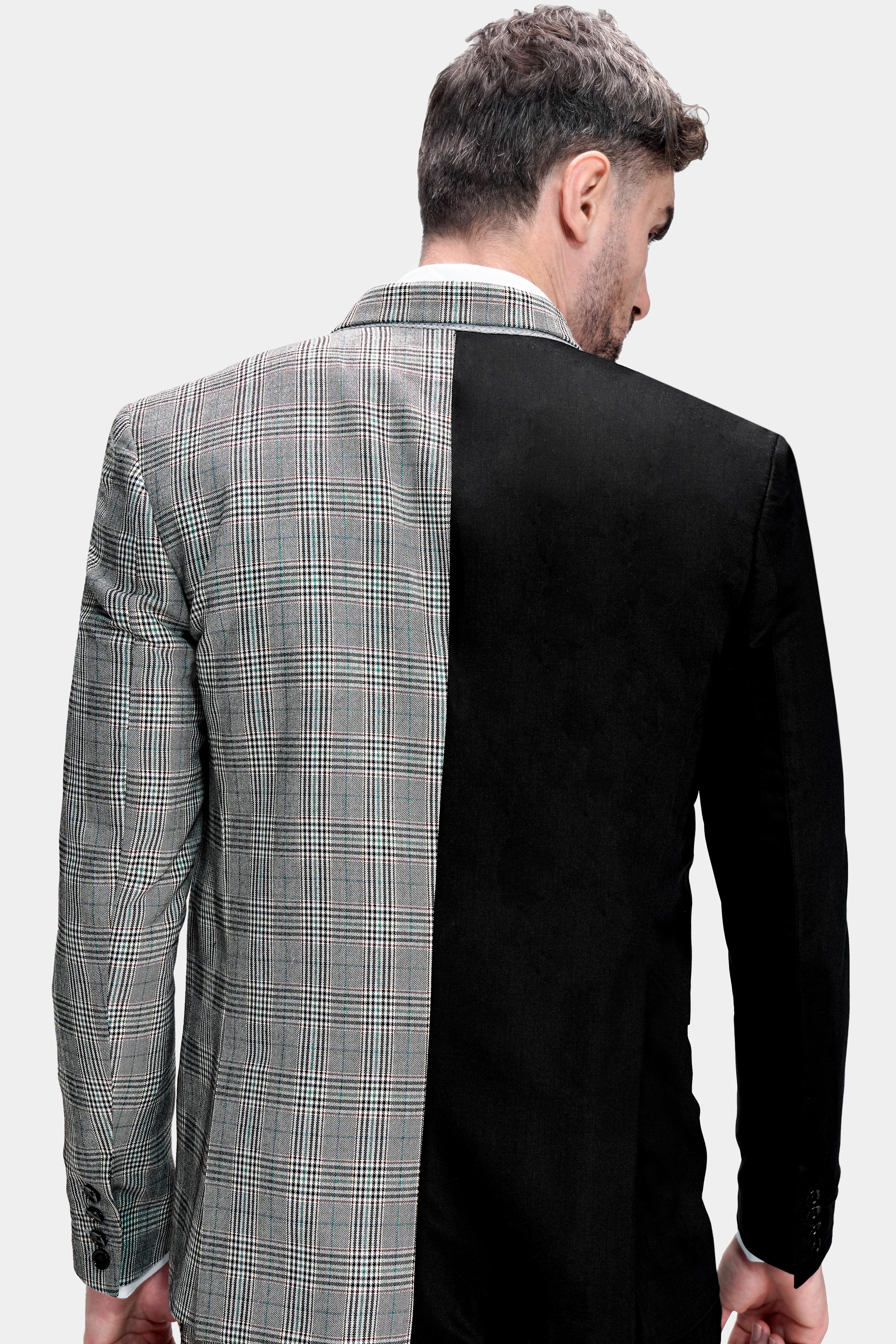 Half Black and Half Battleship Gray Checkered Wool Rich Double Breasted Designer Blazer BL2748-DB-D126-36, BL2748-DB-D126-38, BL2748-DB-D126-40, BL2748-DB-D126-42, BL2748-DB-D126-44, BL2748-DB-D126-46, BL2748-DB-D126-48, BL2748-DB-D126-50, BL2748-DB-D126-52, BL2748-DB-D126-54, BL2748-DB-D126-56, BL2748-DB-D126-58, BL2748-DB-D126-60