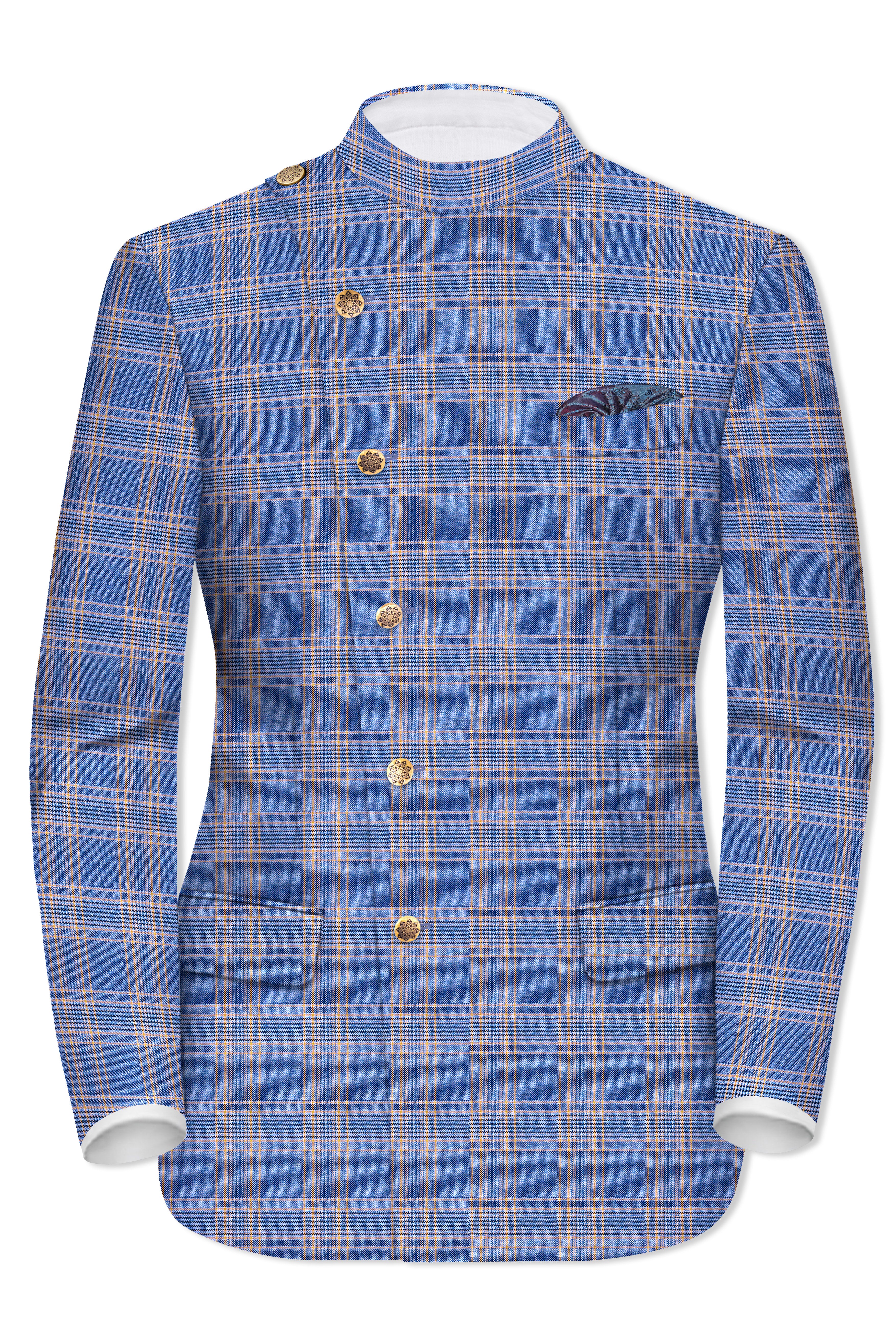 Scampi Blue and Muesli Brown Plaid Wool Rich Cross Placket Bandhgala Blazer