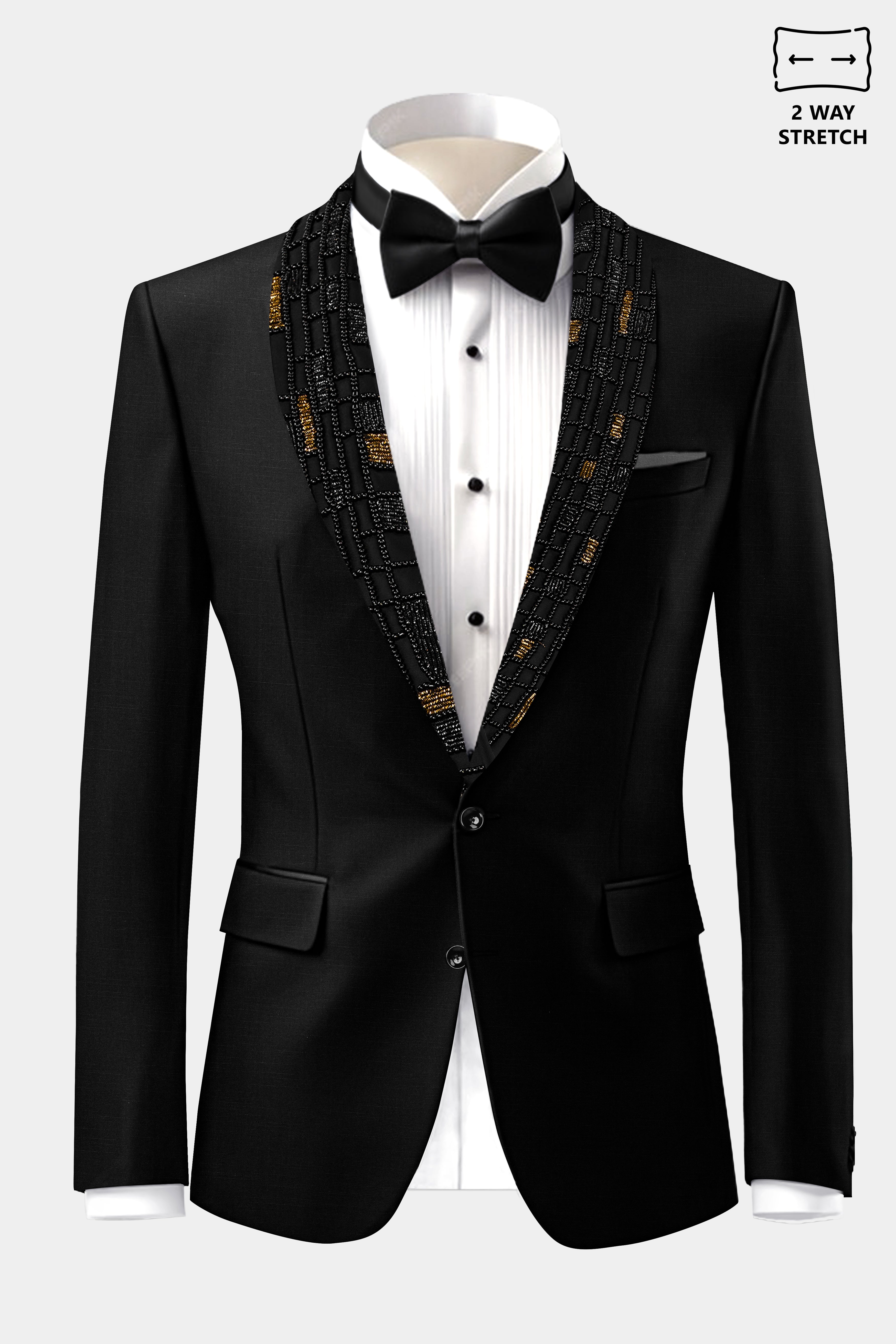 Jade Black Stretchable Wool Rich Tuxedo Designer Blazer