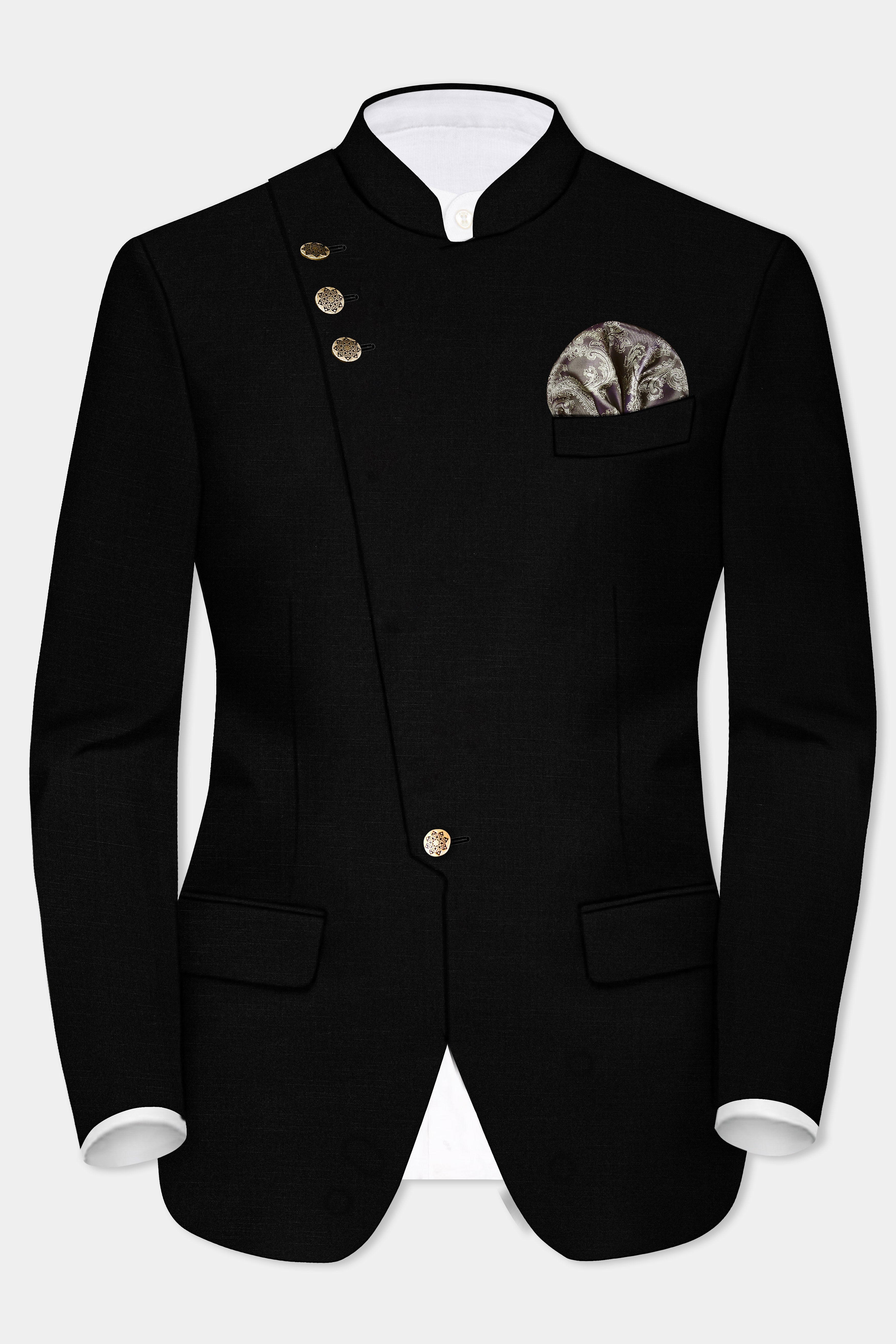 Jade Black Wool Rich Cross Placket Bandhgala Designer Stretchable Traveler Blazer