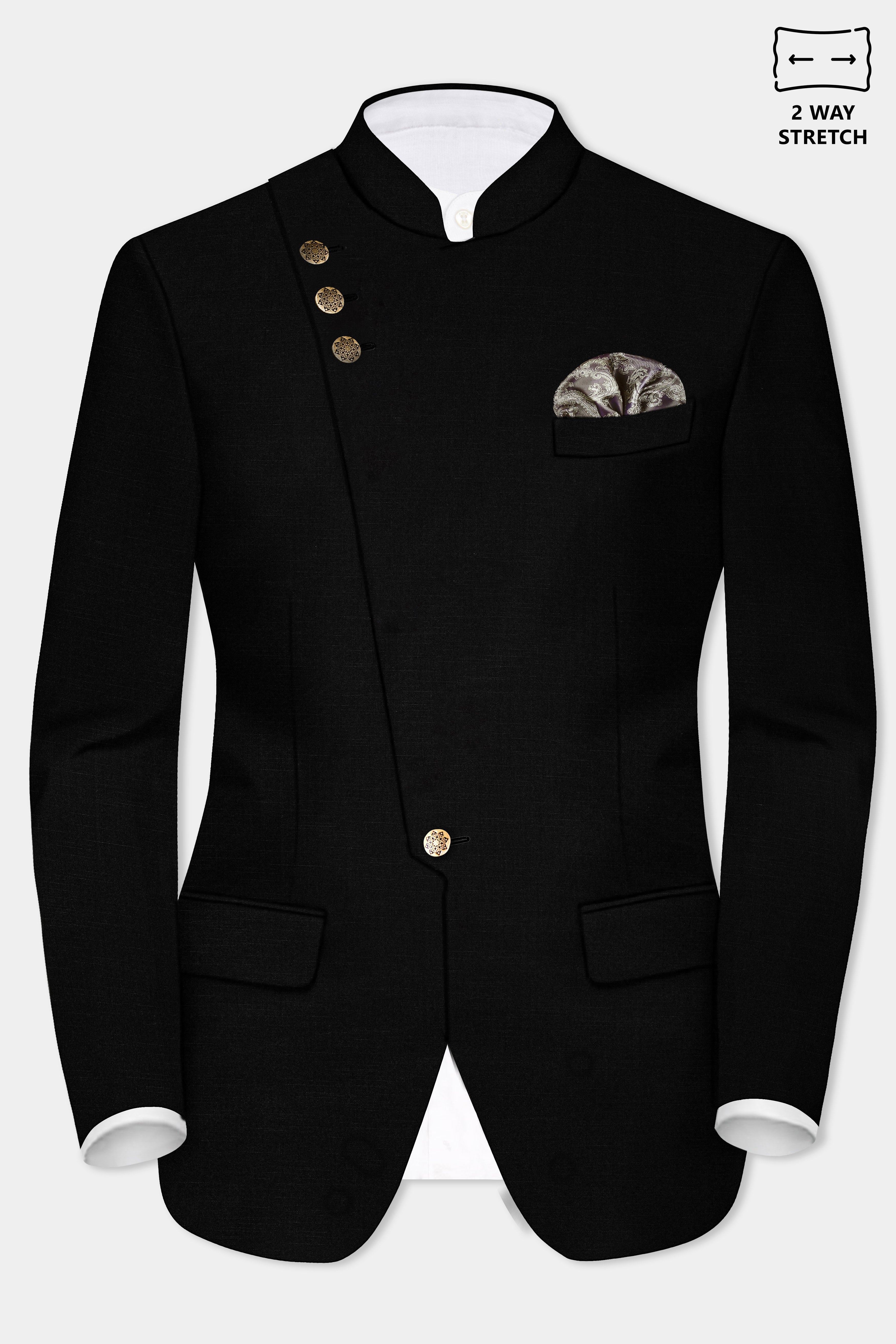 Jade Black Wool Rich Cross Placket Bandhgala Designer Stretchable Traveler Blazer