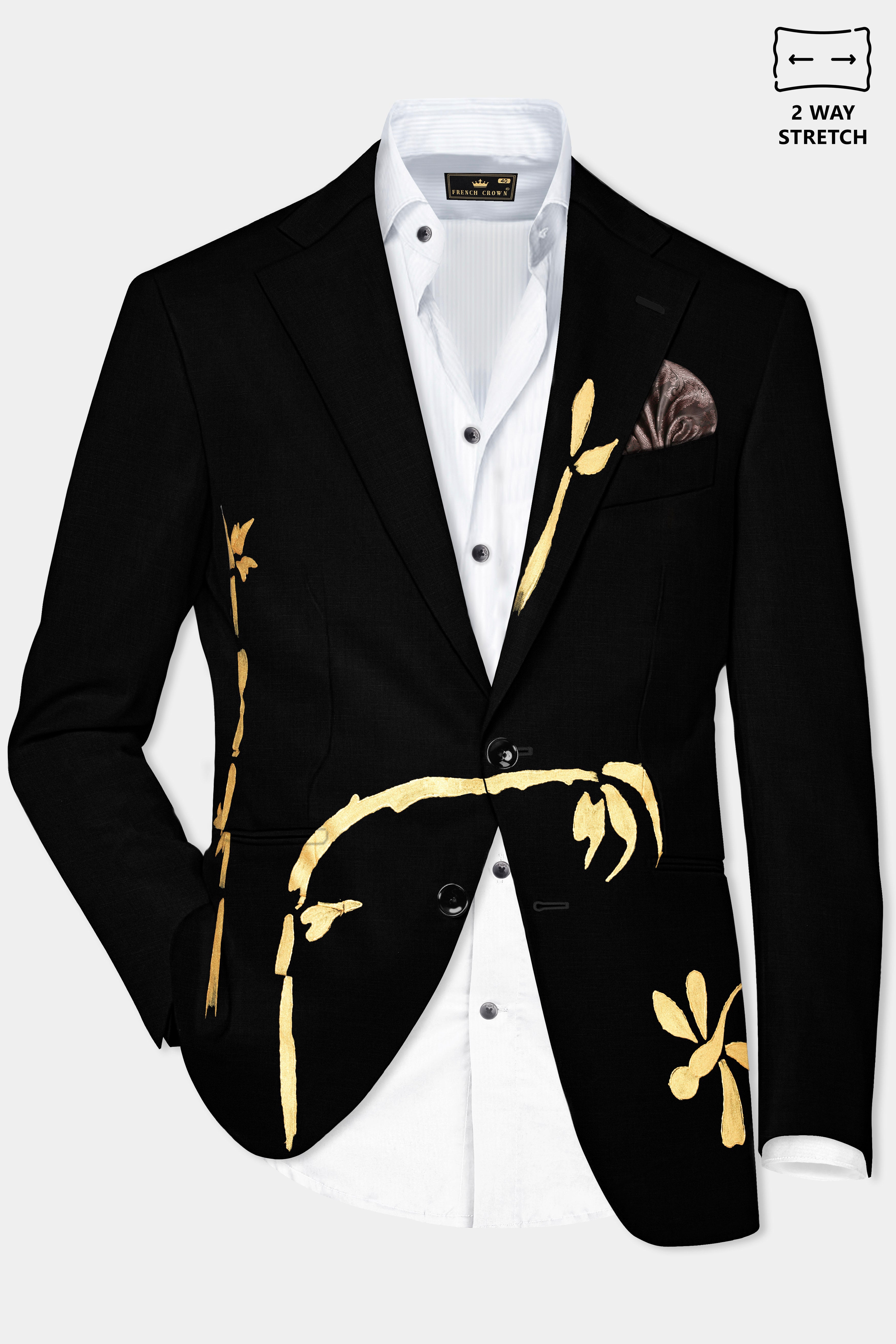 Jade Black Stretchable Hand Painted Premium Wool Rich Designer Blazer