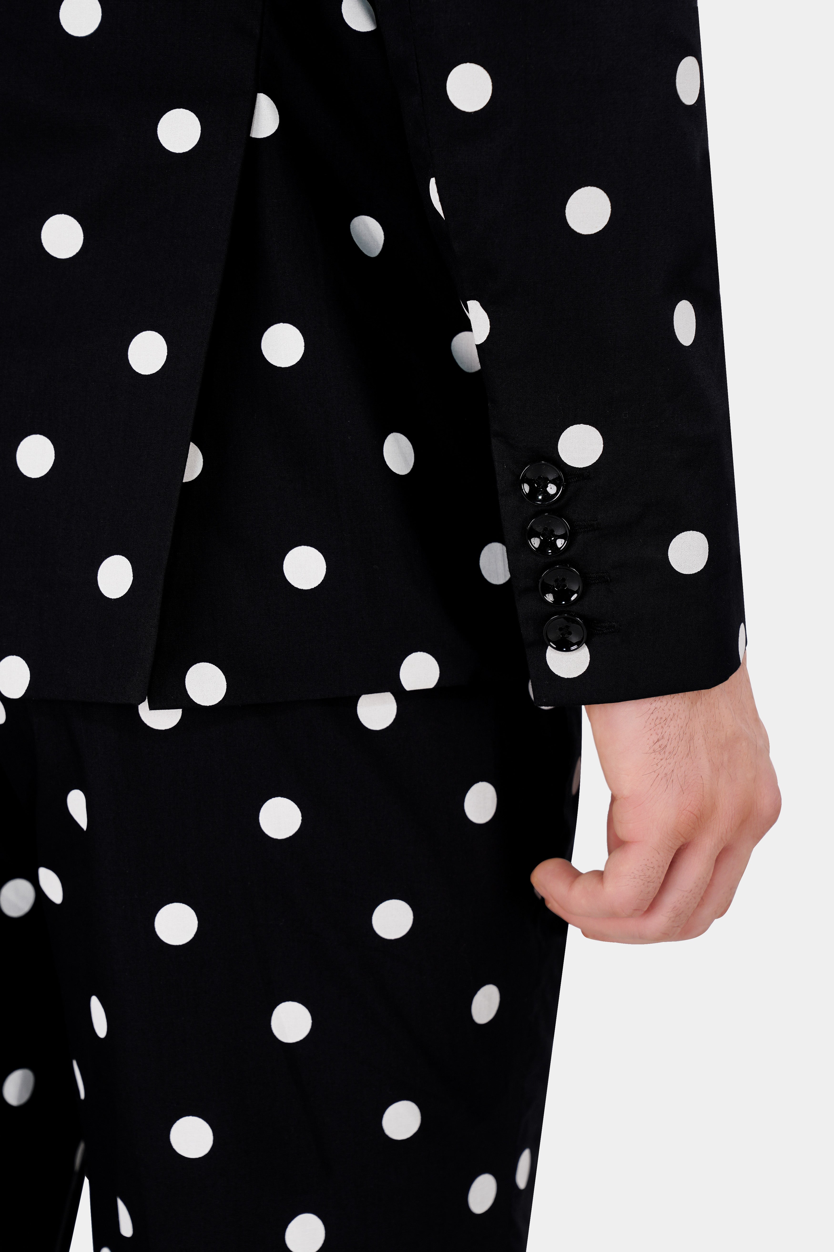 Jade Black with White Polka Dotted Premium Cotton Designer Blazer BL2845-SBP-D442-36, BL2845-SBP-D442-38, BL2845-SBP-D442-40, BL2845-SBP-D442-42, BL2845-SBP-D442-44, BL2845-SBP-D442-46, BL2845-SBP-D442-48, BL2845-SBP-D442-50, BL2845-SBP-D442-52, BL2845-SBP-D442-54, BL2845-SBP-D442-56, BL2845-SBP-D442-58, BL2845-SBP-D442-60