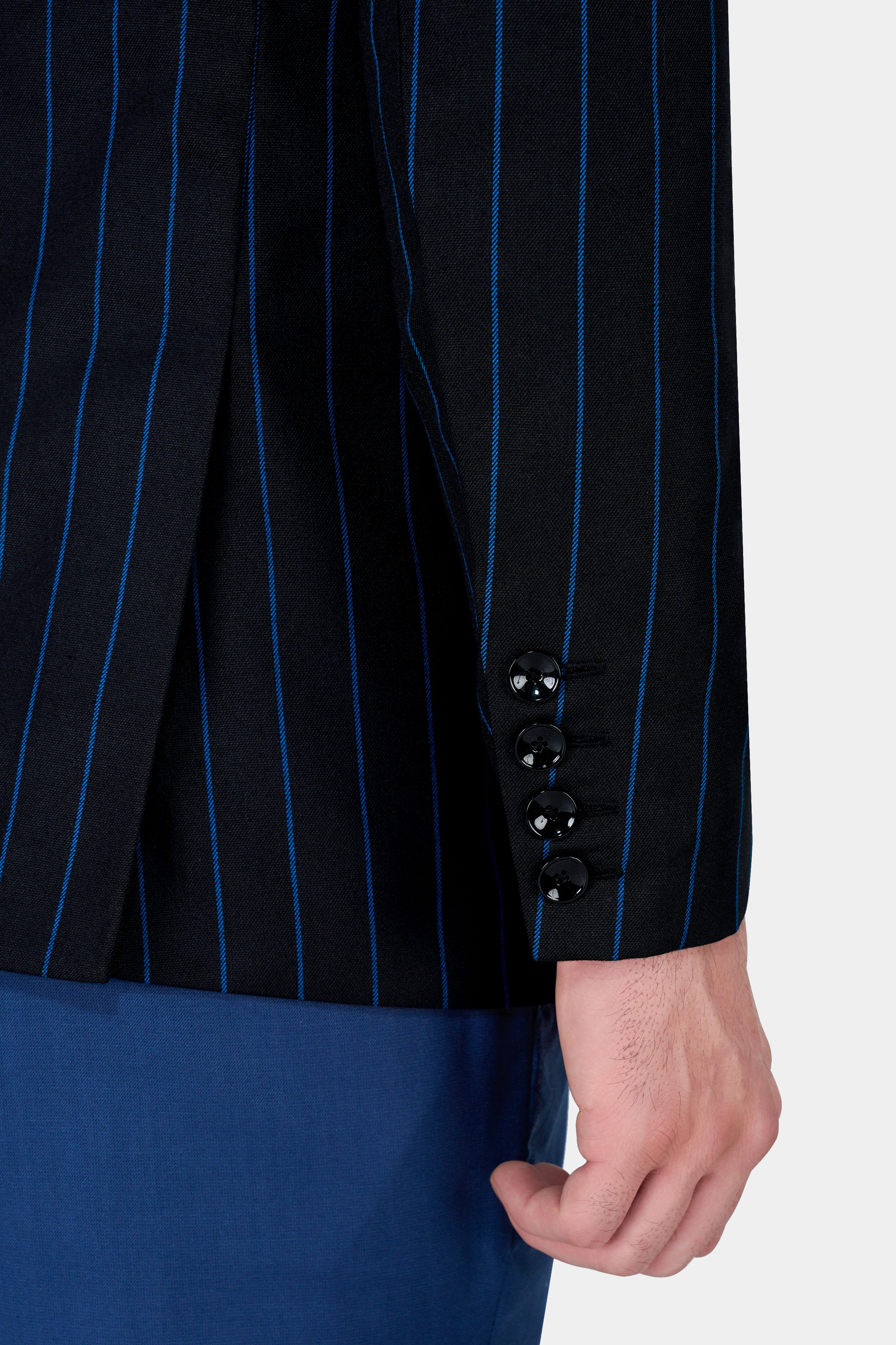 Jade Black with Persian Blue Striped Wool Rich Designer Blazer BL2854-SB-D399-36, BL2854-SB-D399-38, BL2854-SB-D399-40, BL2854-SB-D399-42, BL2854-SB-D399-44, BL2854-SB-D399-46, BL2854-SB-D399-48, BL2854-SB-D399-50, BL2854-SB-D399-52, BL2854-SB-D399-54, BL2854-SB-D399-56, BL2854-SB-D399-58, BL2854-SB-D399-60
