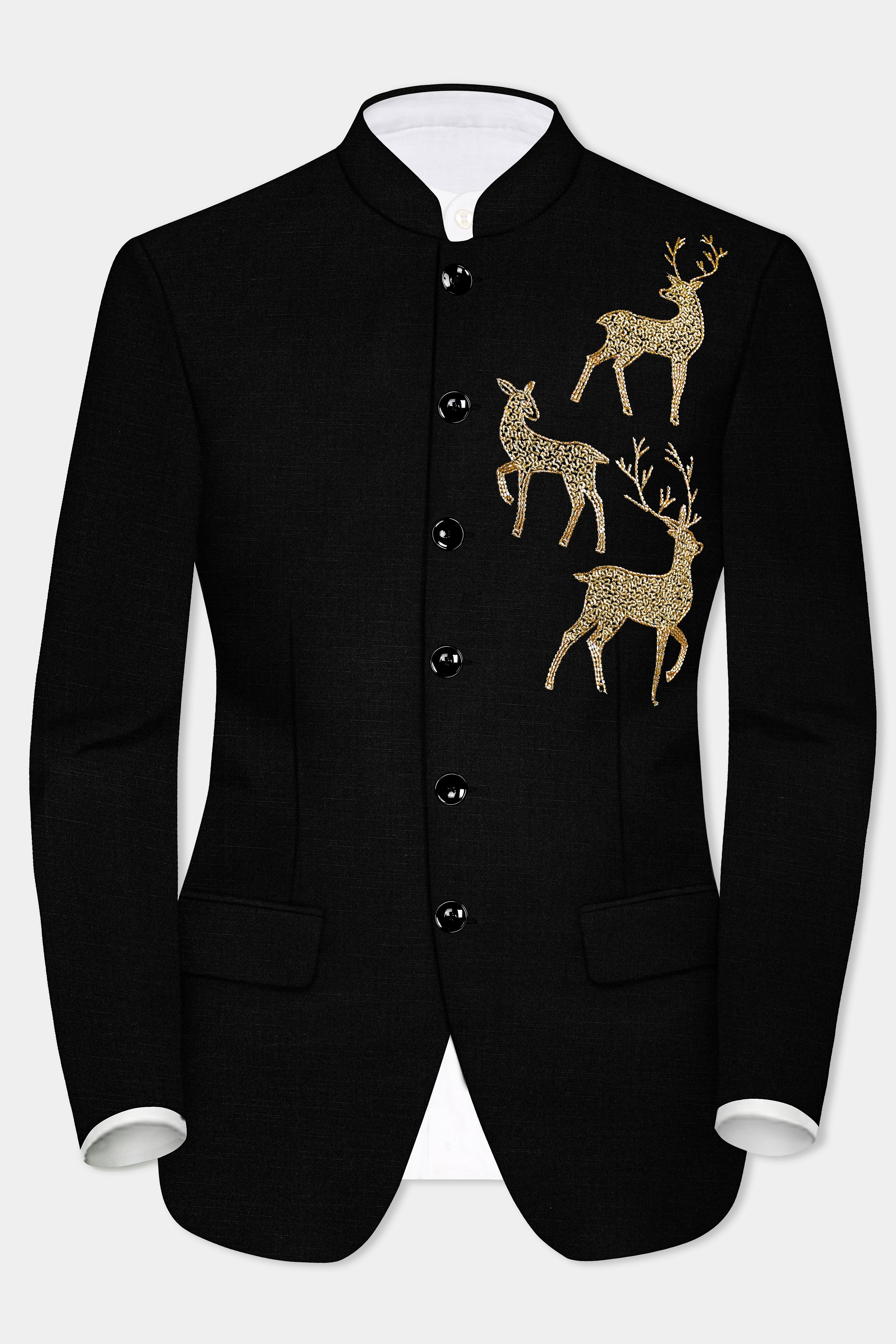 Jade Black Stretchable Wool Rich Deer Hand Crafted Embroidered Bandhgala Designer Blazer