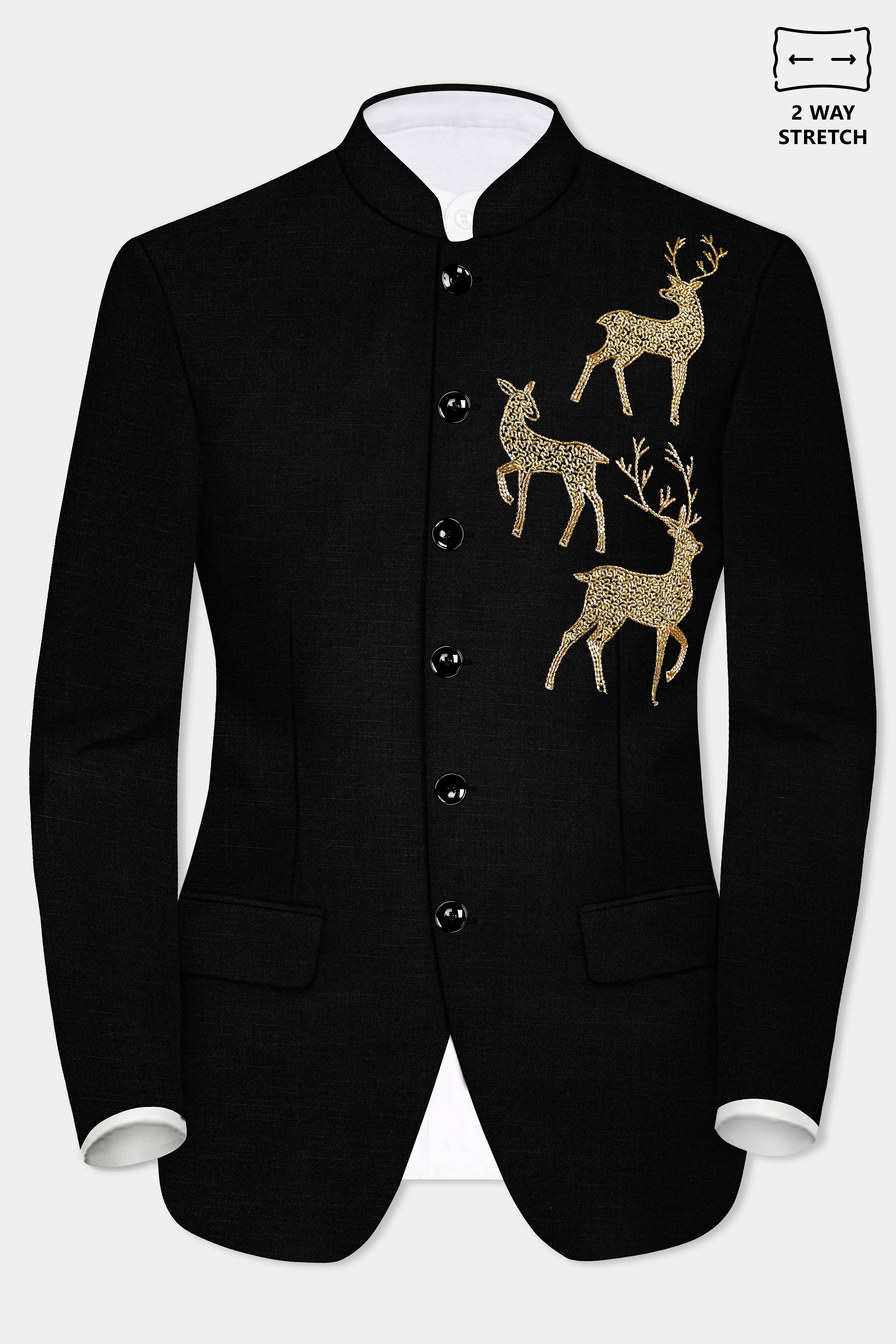 Jade Black Stretchable Wool Rich Deer Hand Crafted Embroidered Bandhgala Designer Blazer