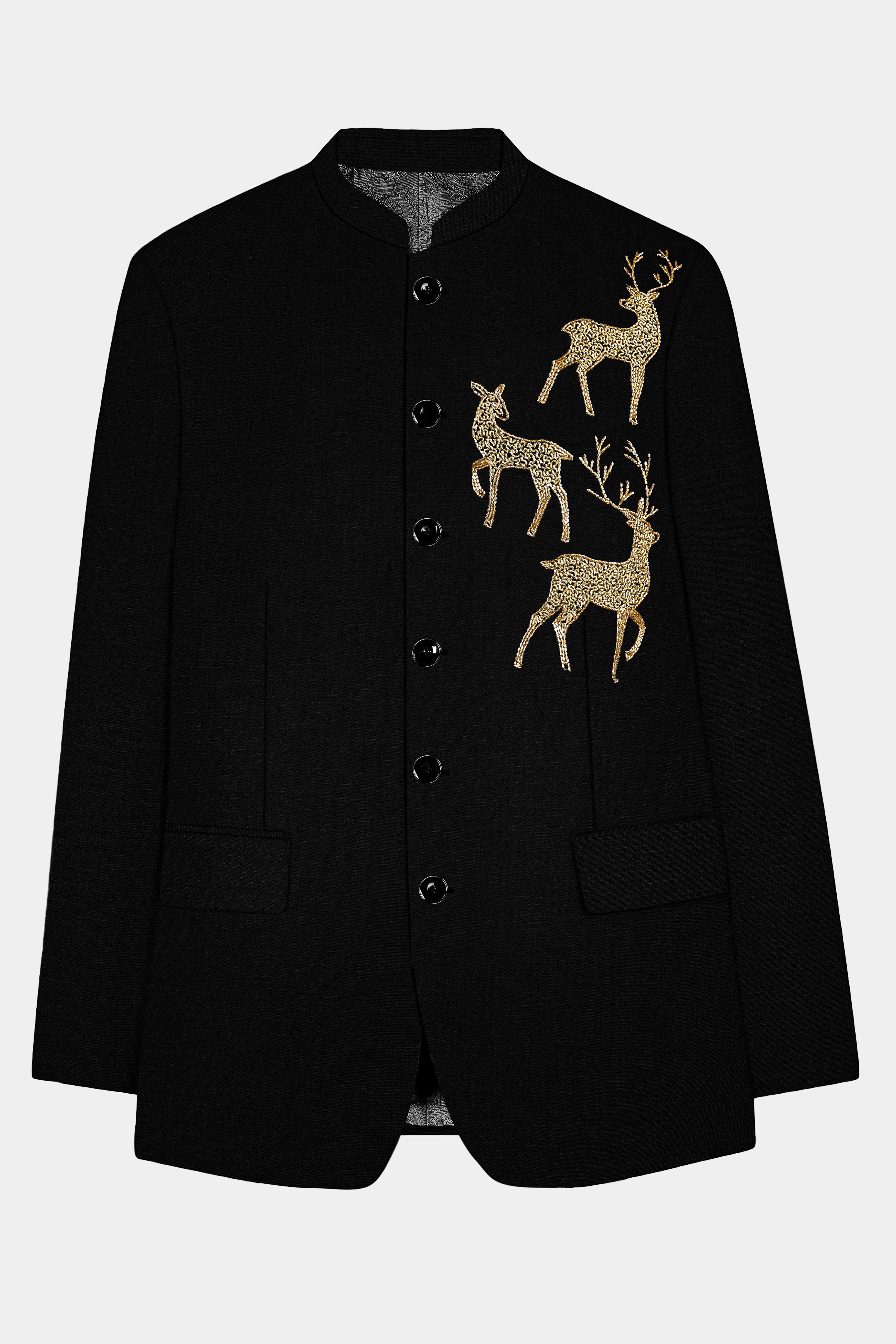 Jade Black Stretchable Wool Rich Deer Hand Crafted Embroidered Bandhgala Designer Blazer