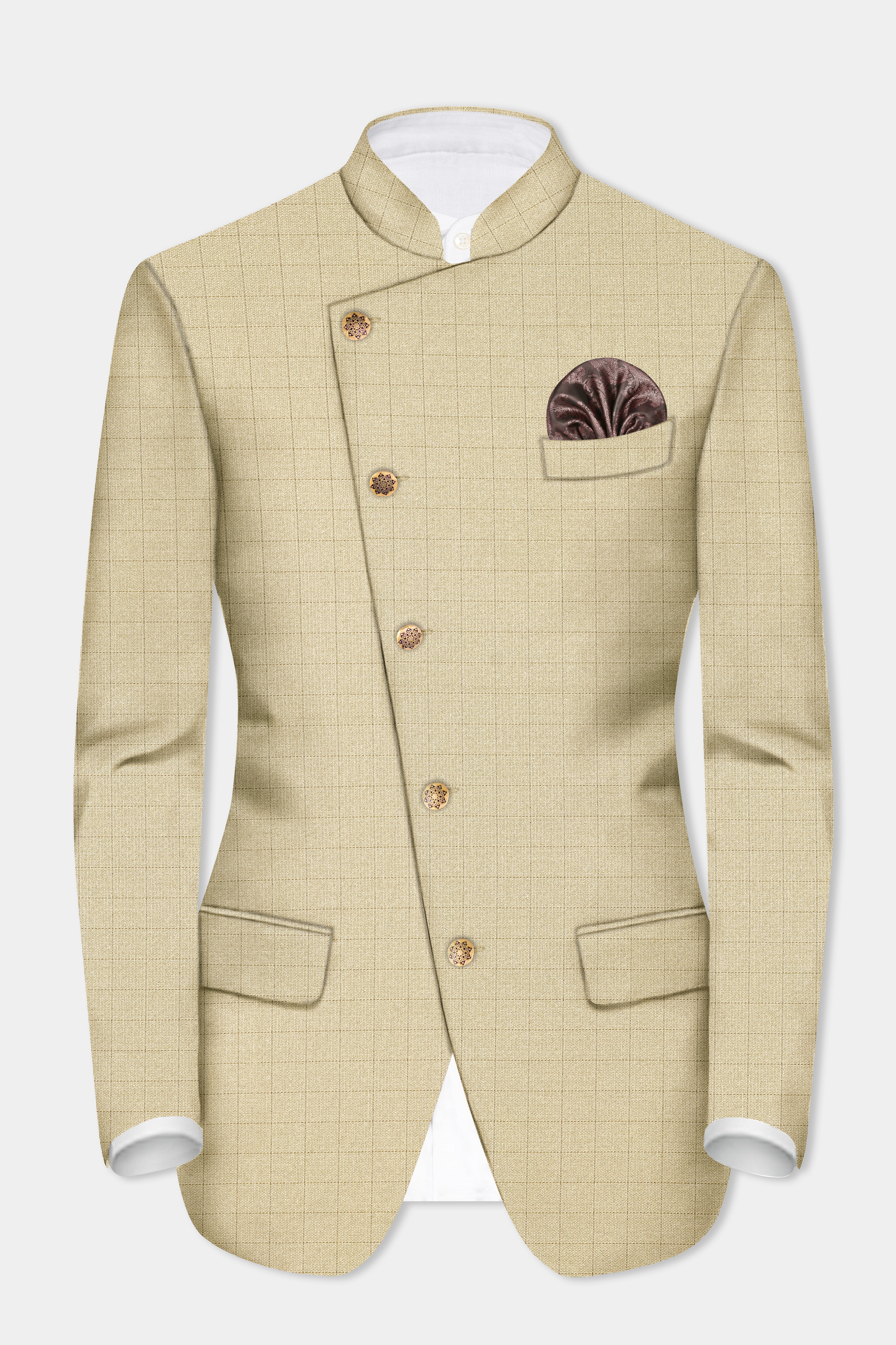 Pavlova Brown with Taupe Brown Checkered Dobby Wool Rich Cross Placket Bandhgala Blazer