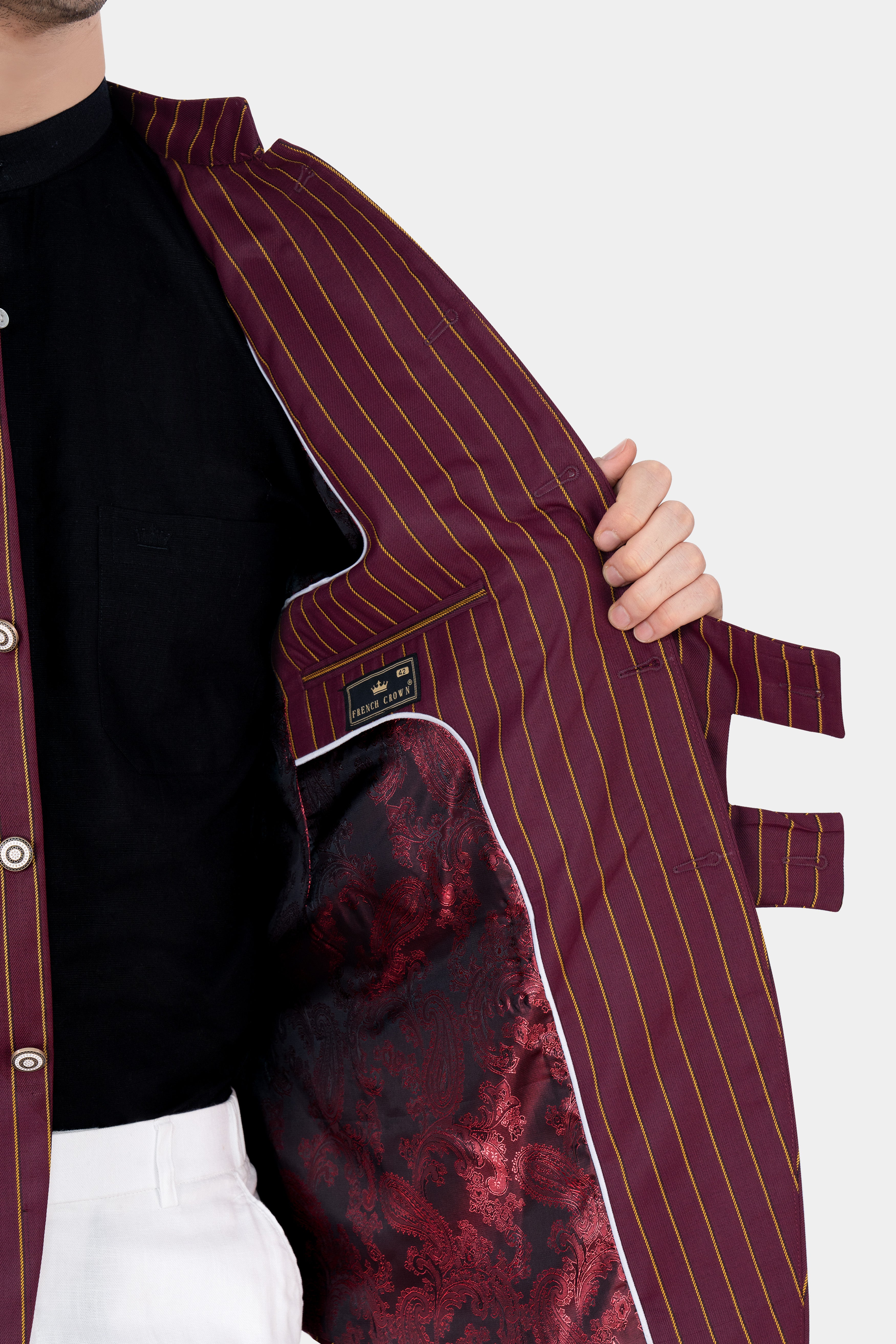 Bordeaux Wine and Sepia Brown Striped Wool Rich Bandhgala Designer Blazer BL2880-D341-36, BL2880-D341-38, BL2880-D341-40, BL2880-D341-42, BL2880-D341-44, BL2880-D341-46, BL2880-D341-48, BL2880-D341-50, BL2880-D341-80, BL2880-D341-54, BL2880-D341-56, BL2880-D341-58, BL2880-D341-60