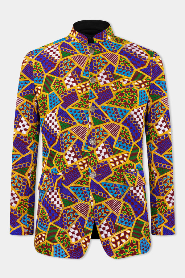 Amber Yellow with Cobalt Blue Multicolour Cotton Thread Embroidered Bandhgala Designer Blazer