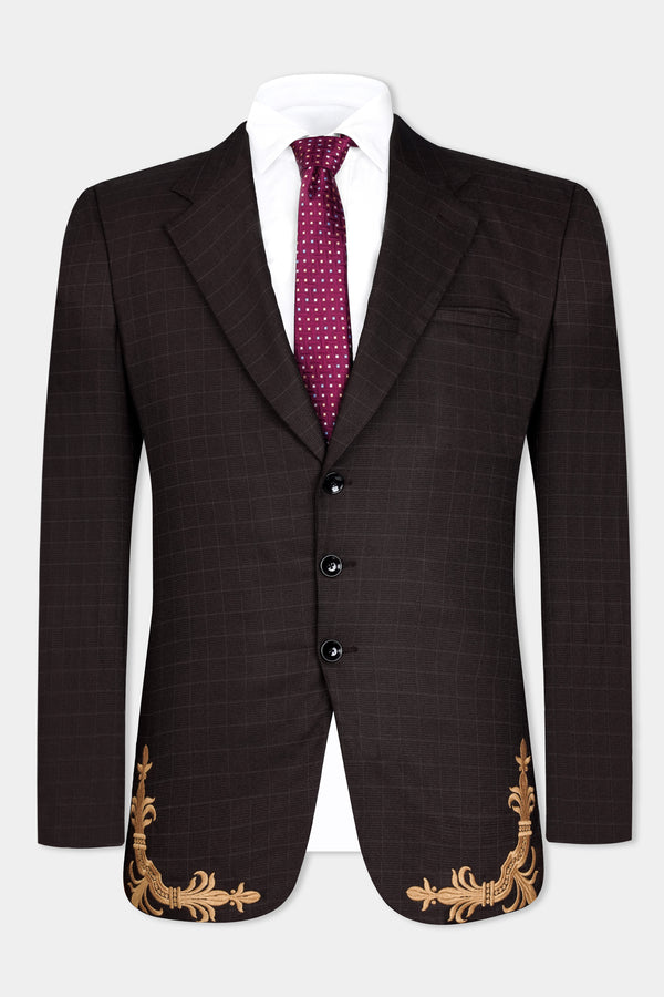 Gondola Brown Checkered and Embroidered Wool Rich Designer Blazer