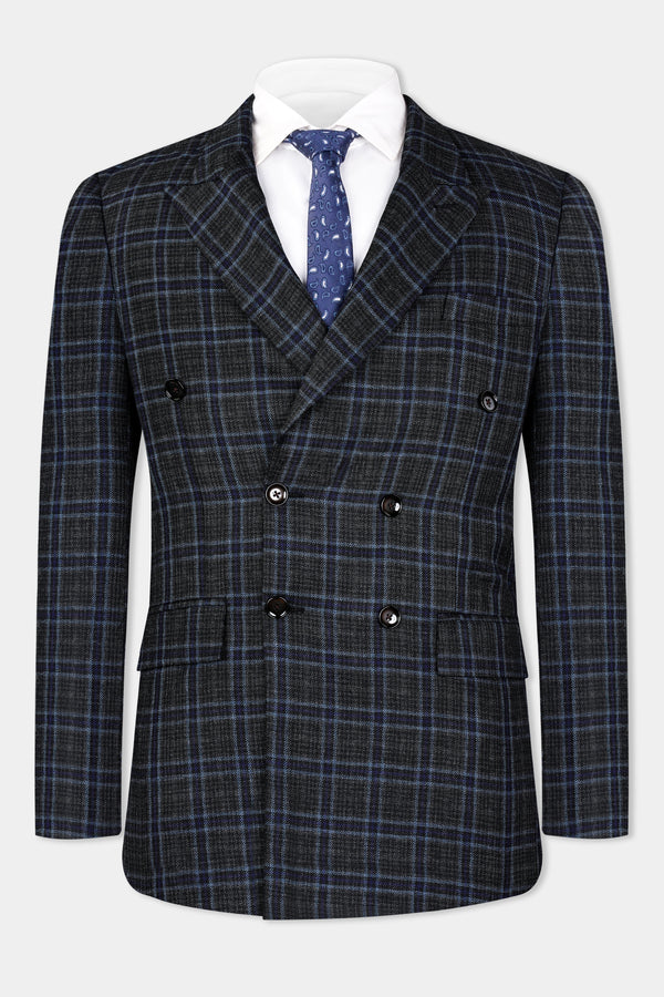 Bleached Black and Marine Blue Plaid Double Breasted Tweed Blazer