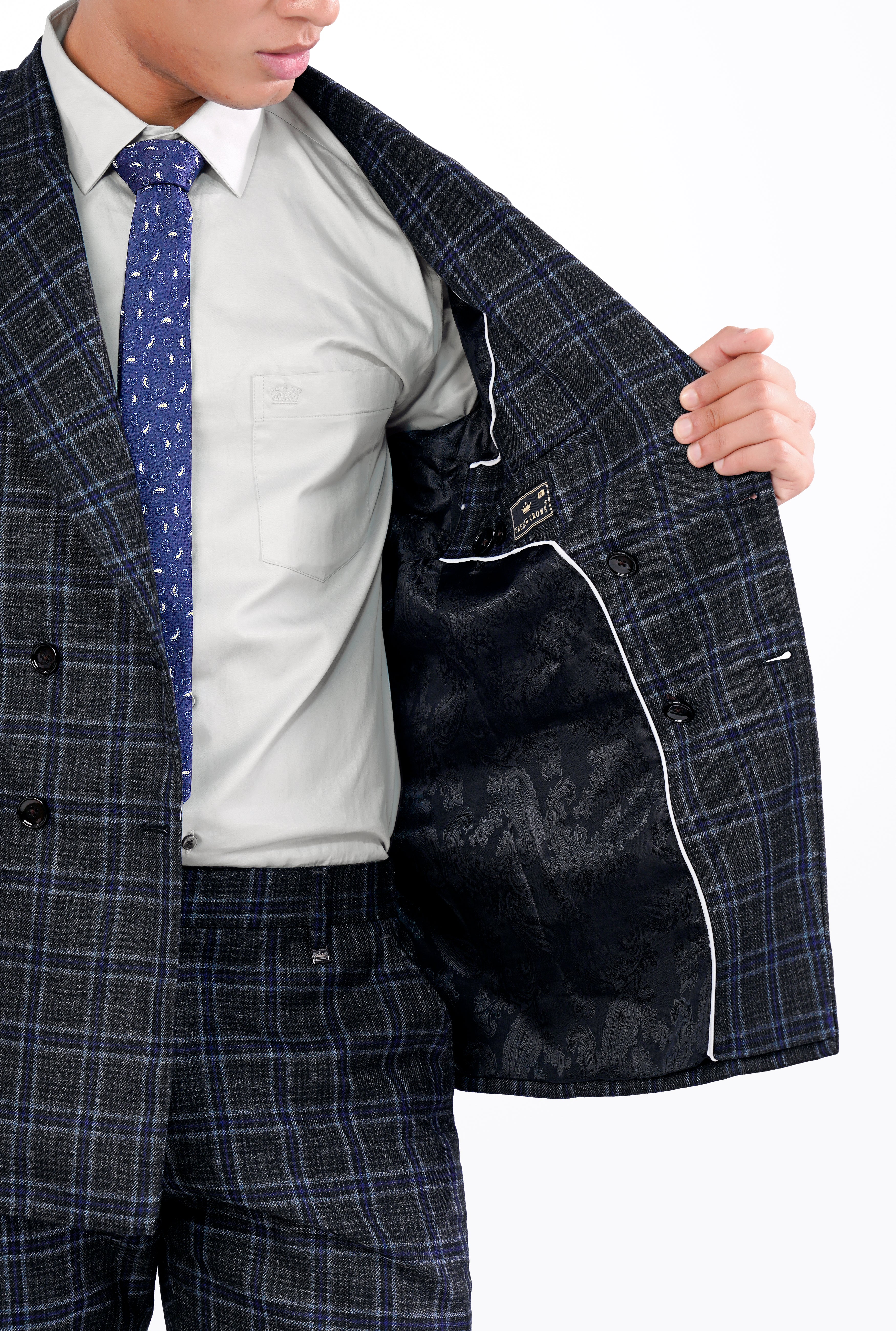 Bleached Black and Marine Blue Plaid Double Breasted Tweed Blazer BL2907-DB-36, BL2907-DB-38, BL2907-DB-40, BL2907-DB-42, BL2907-DB-44, BL2907-DB-46, BL2907-DB-48, BL2907-DB-50, BL2907-DB-52, BL2907-DB-54, BL2907-DB-56, BL2907-DB-58, BL2907-DB-60