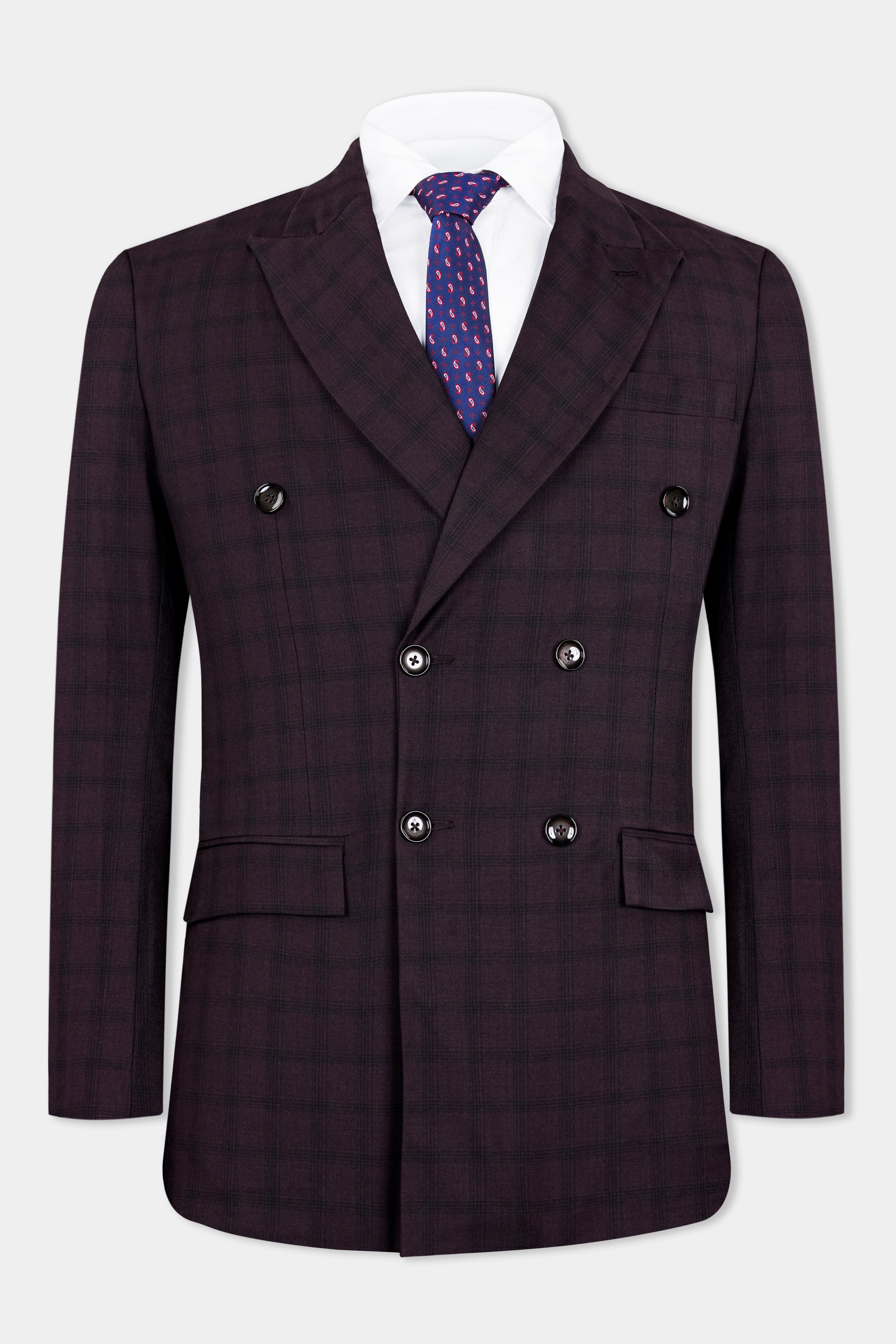 【Rrrr】DOUBLE LAPELED DOUBLE BREASTED Cinder Purple Checks-Plaid Premium wool blend Double