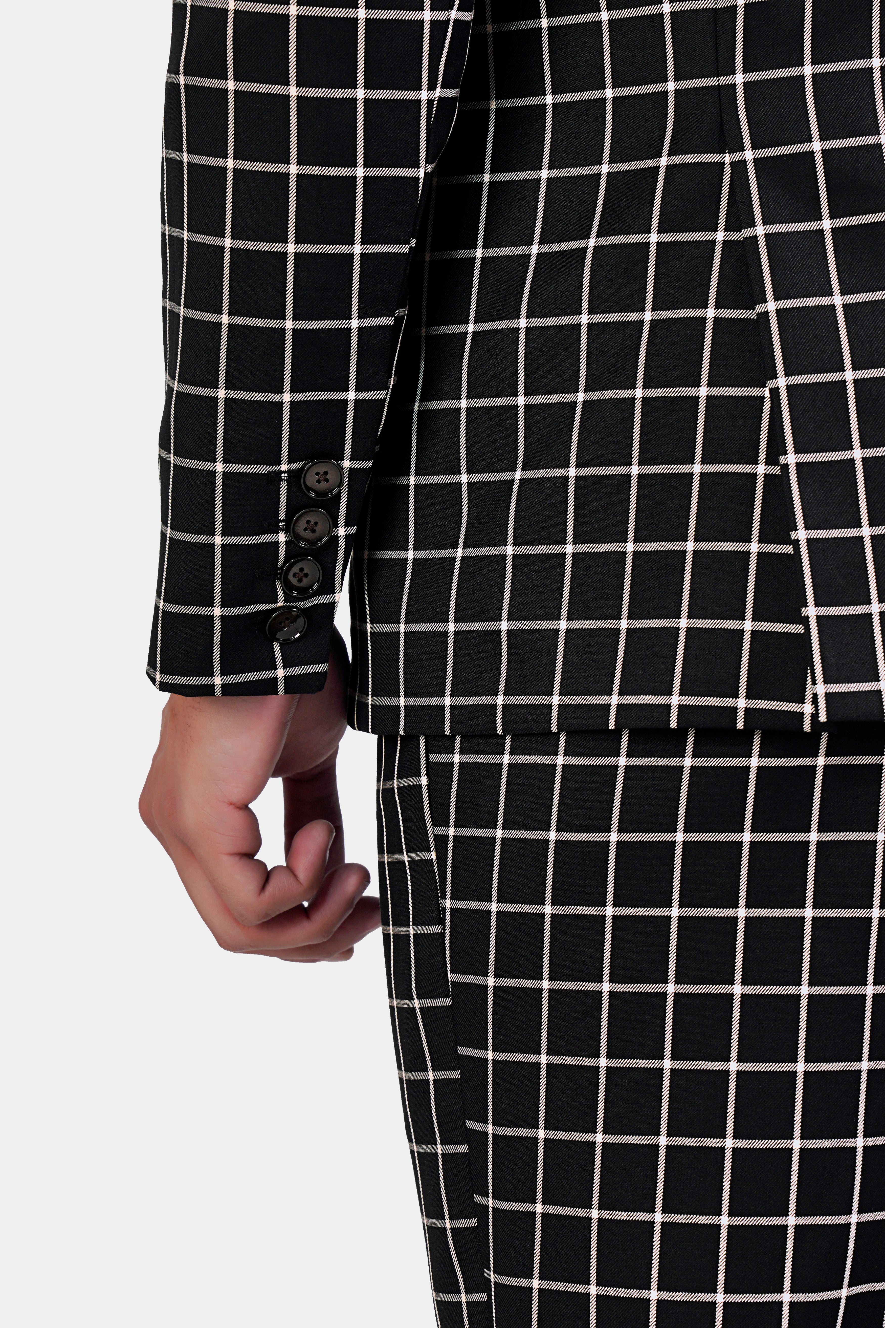 Jade Black and White Checkered Wool Rich Double Breasted Blazer