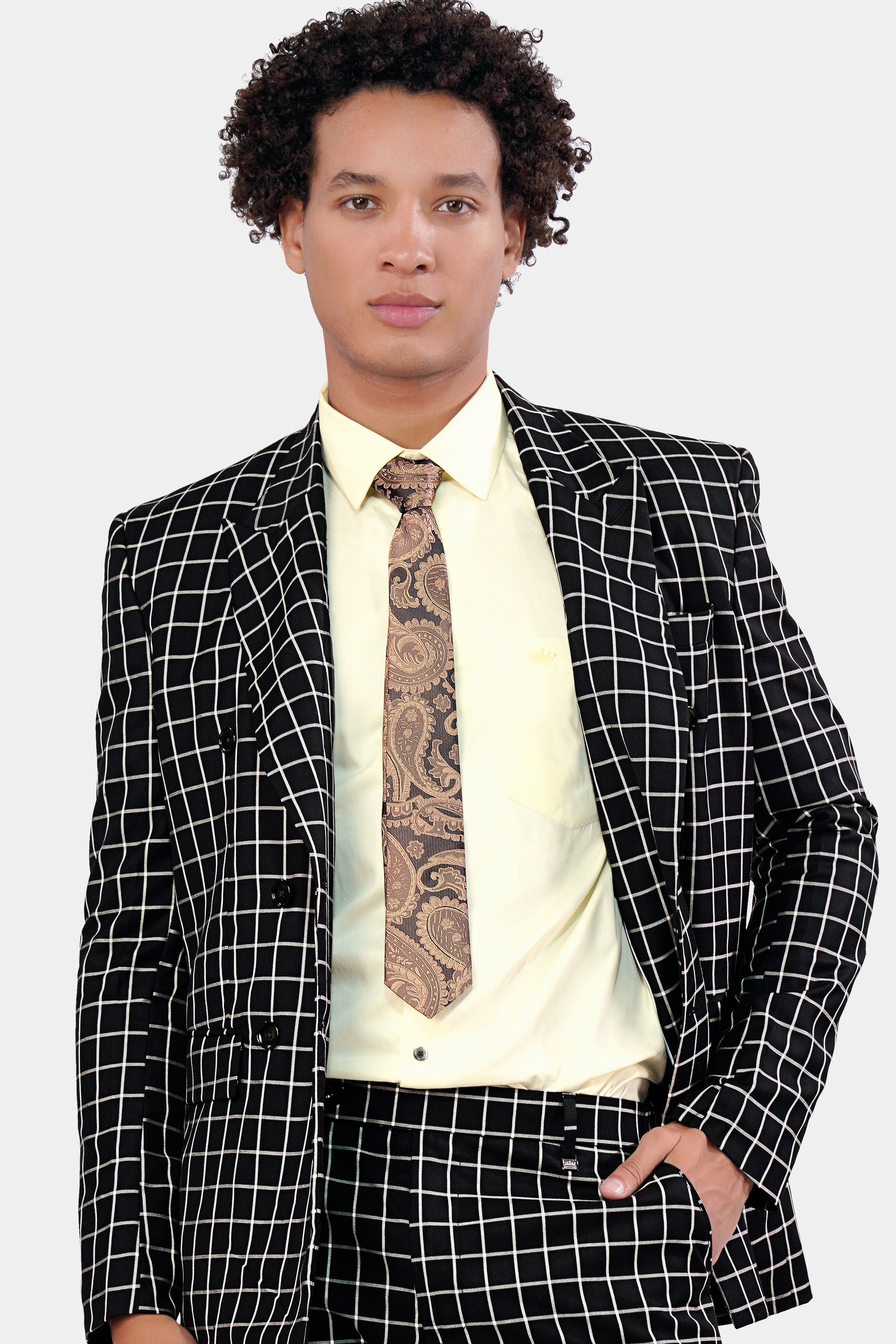 Jade Black and White Checkered Wool Rich Double Breasted Blazer