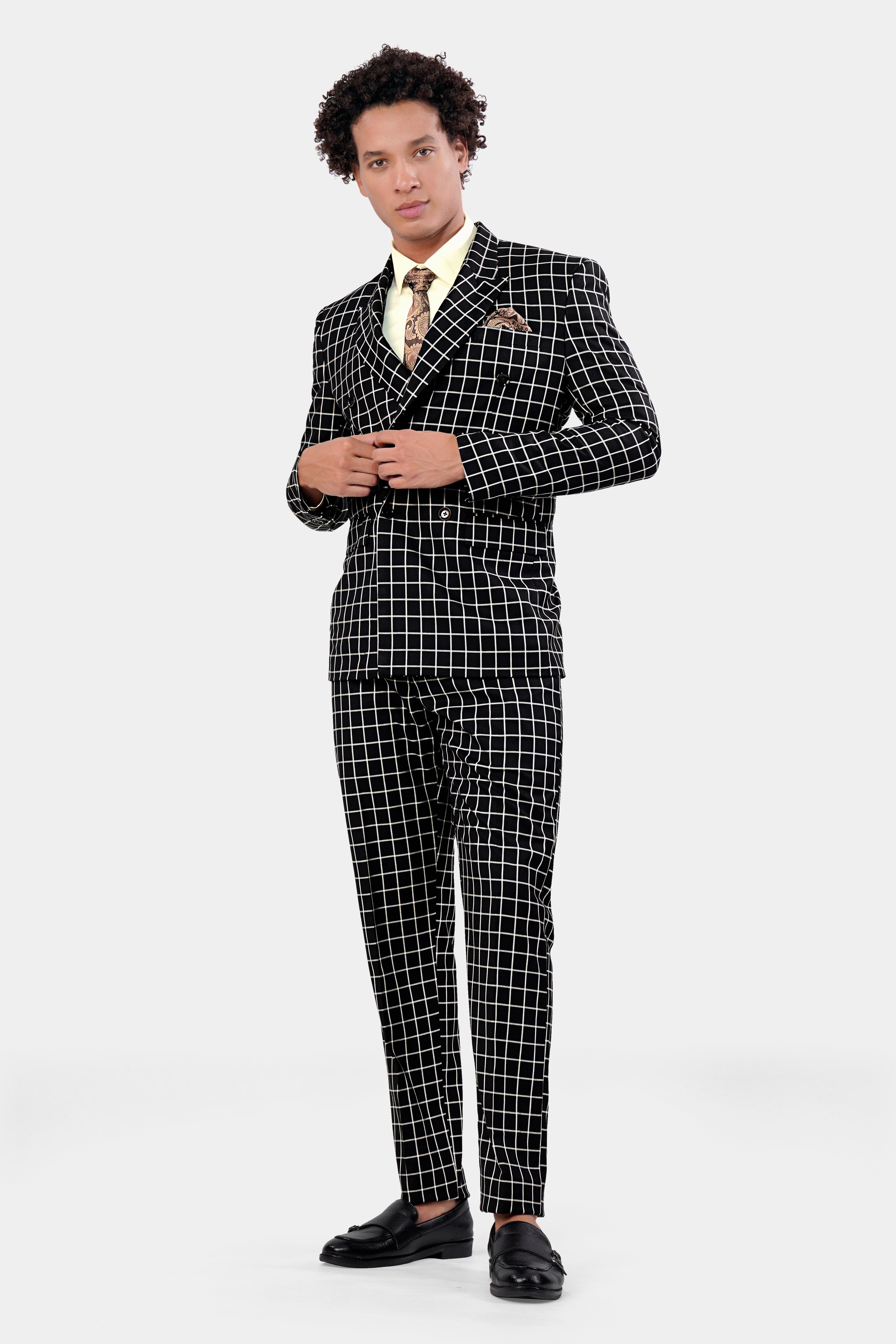 Jade Black and White Checkered Wool Rich Double Breasted Blazer