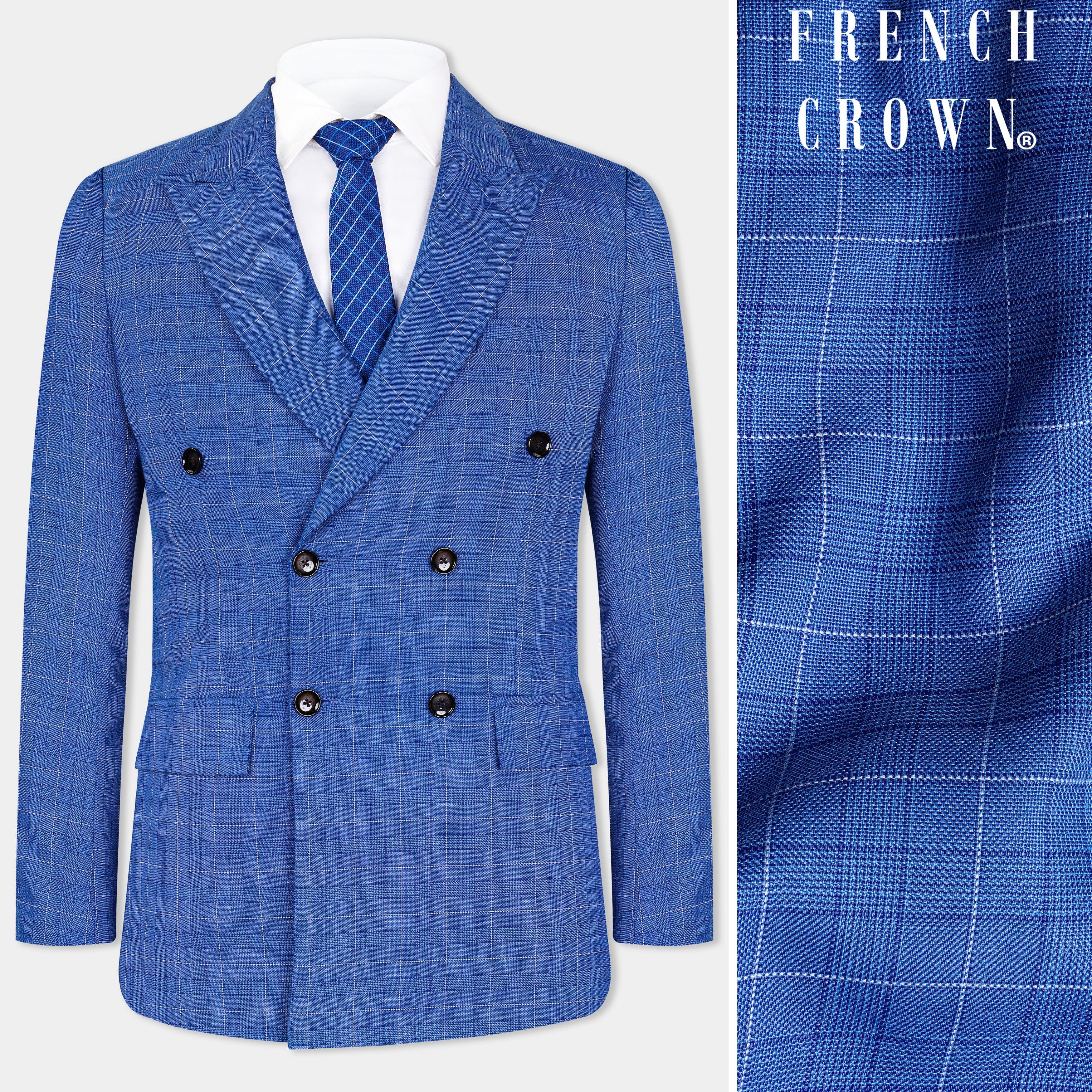 Cobalt Blue Checks-Plaid Premium wool blend Double Breasted Blazer