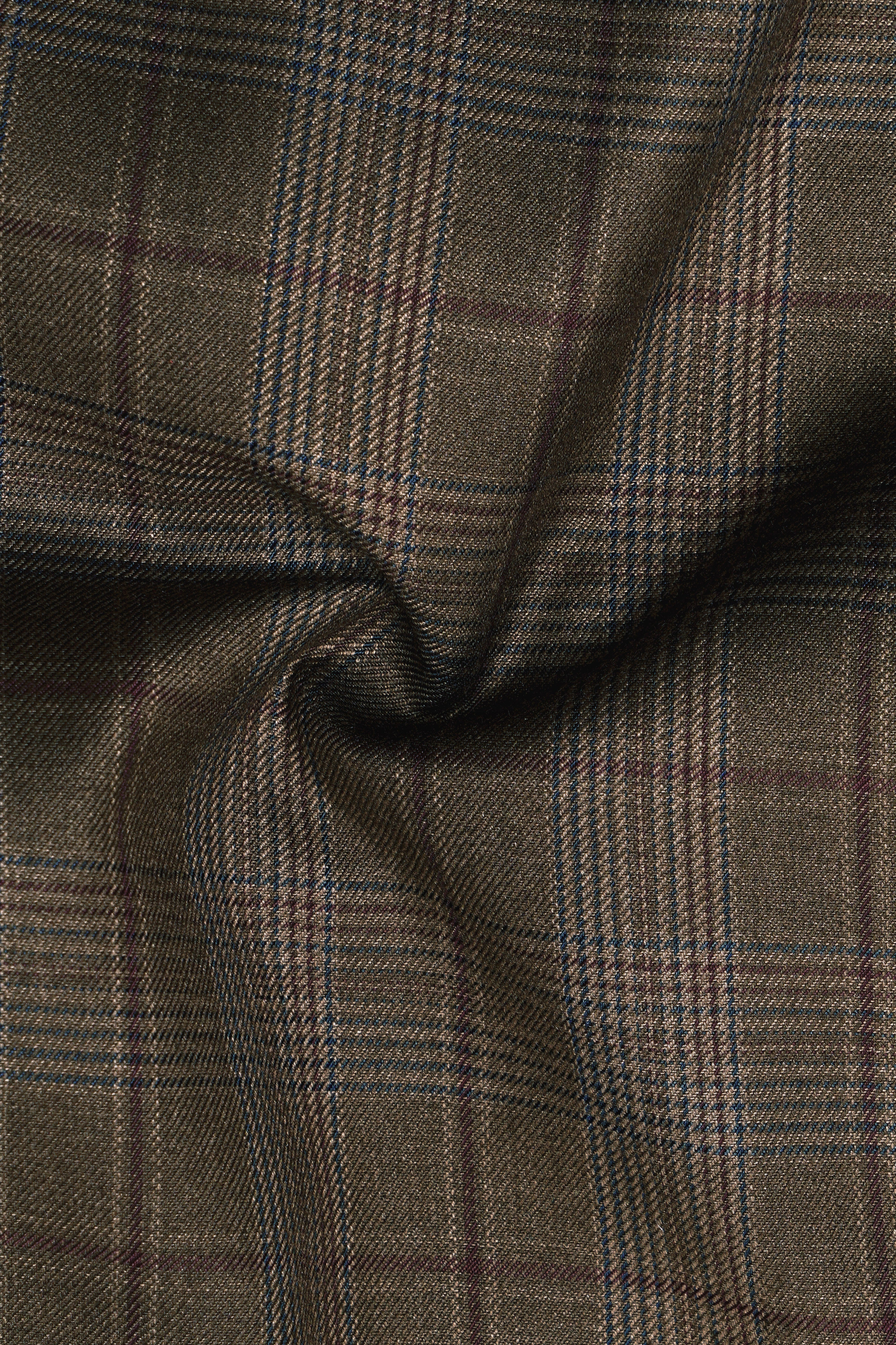 Fuscous Green and Bistre Brown Plaid Wool Rich Cross Placket Bandhgala Blazer