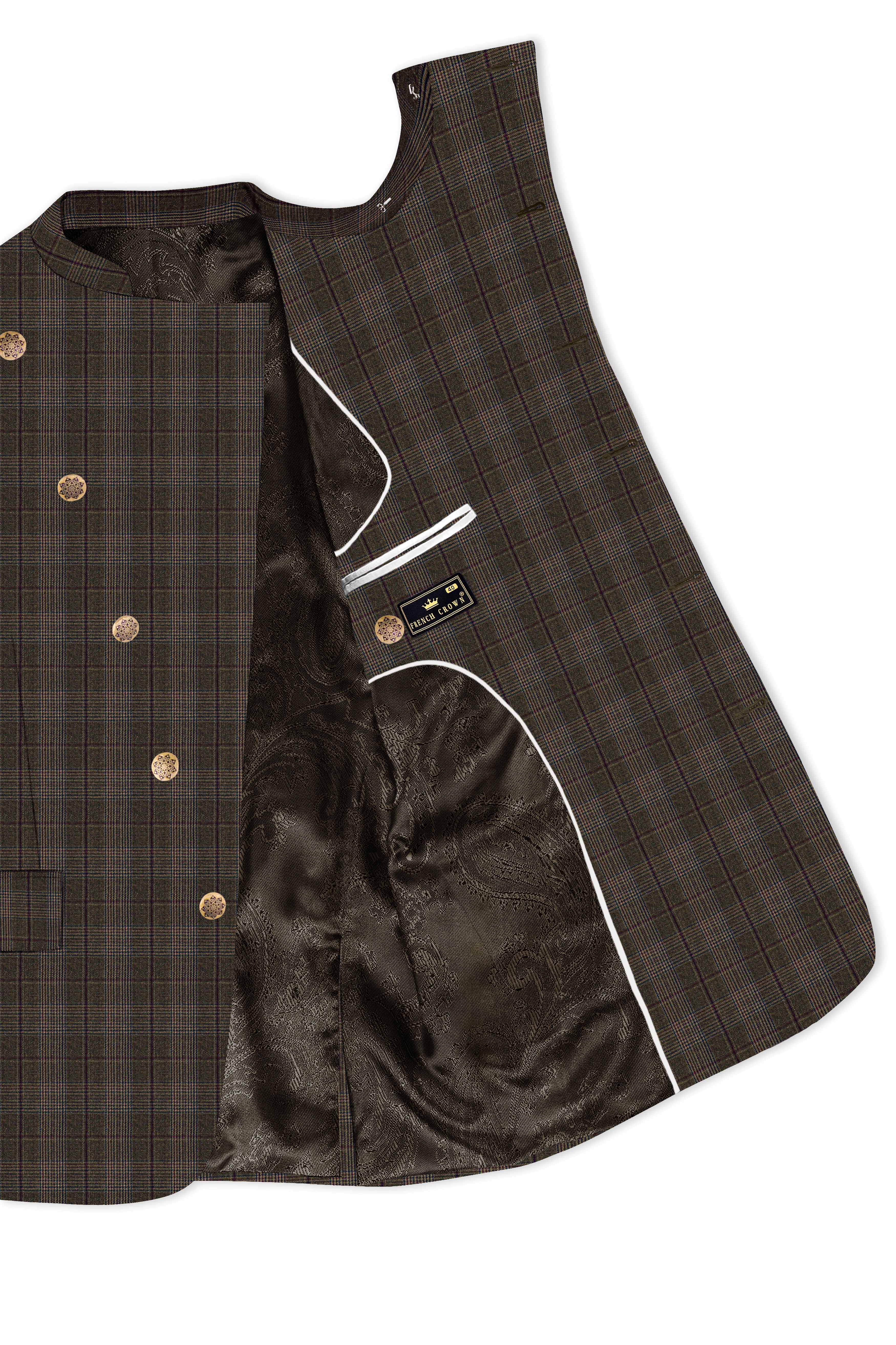 Fuscous Green and Bistre Brown Plaid Wool Rich Cross Placket Bandhgala Blazer