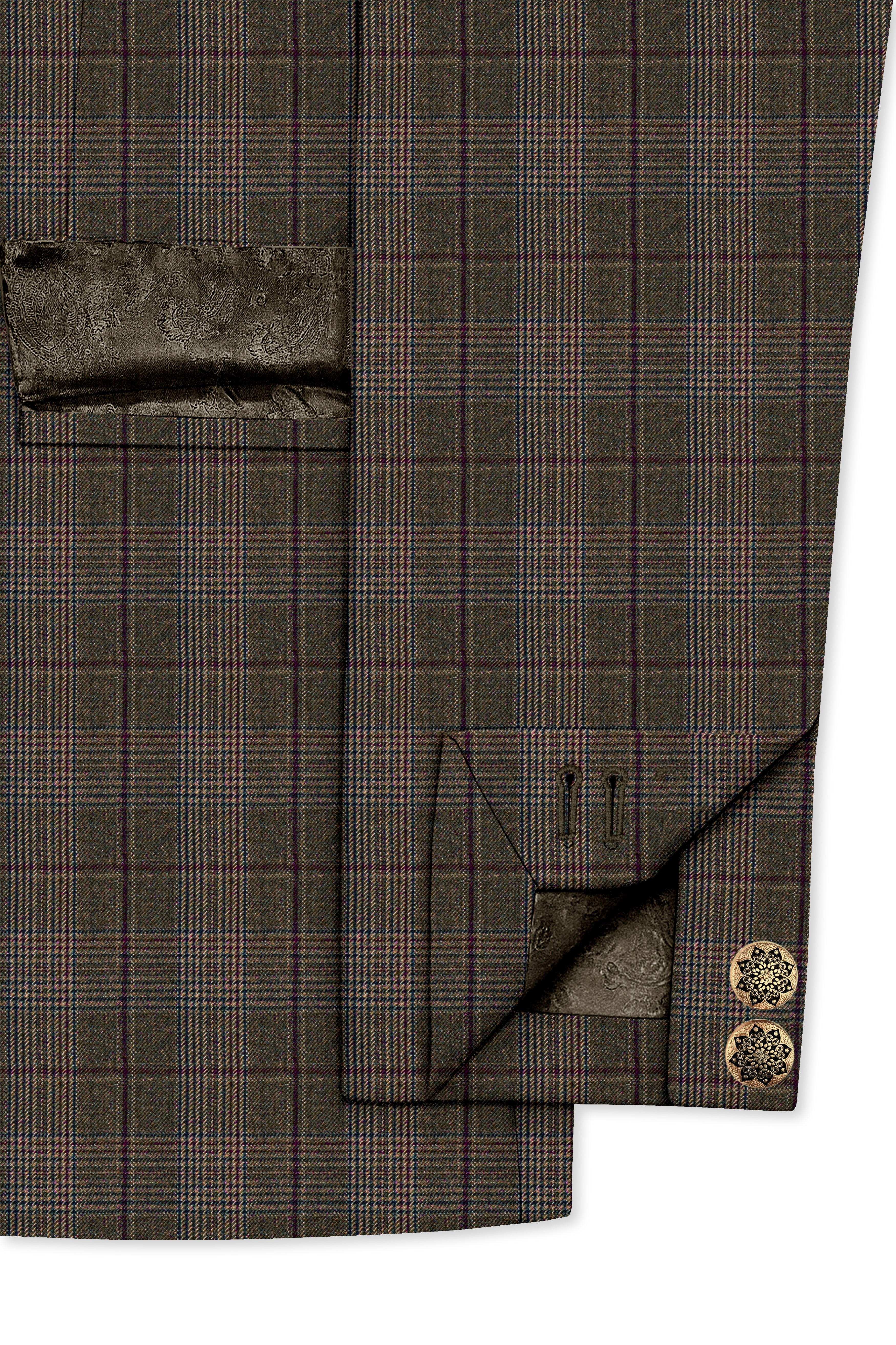 Fuscous Green and Bistre Brown Plaid Wool Rich Cross Placket Bandhgala Blazer