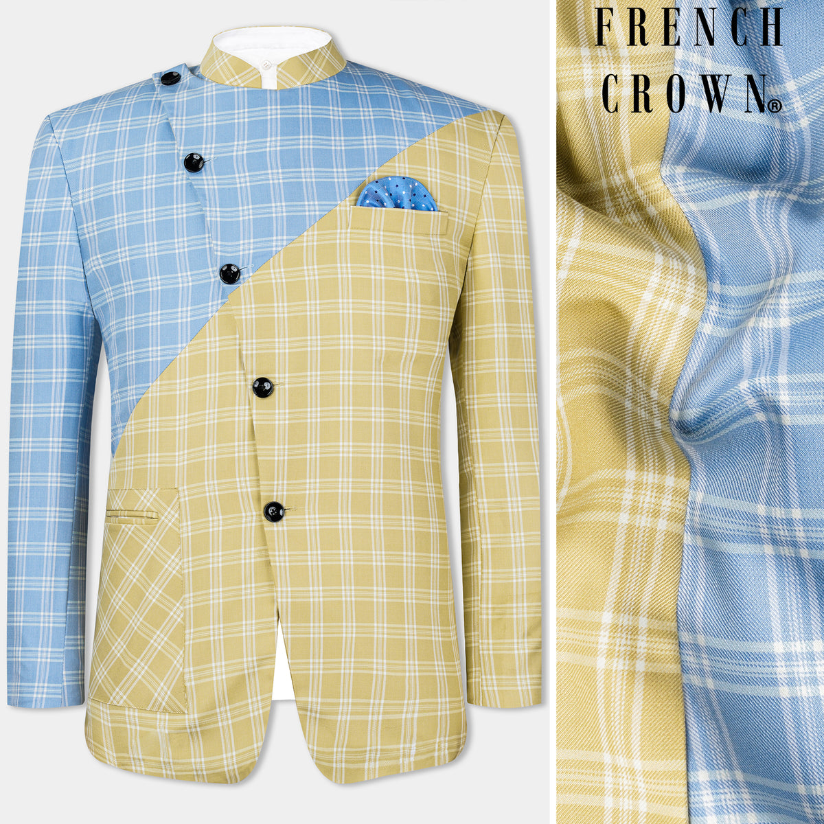 Casper Blue and Brandy Brown Checks-Plaid Premium Wool Blend Bandhgala ...
