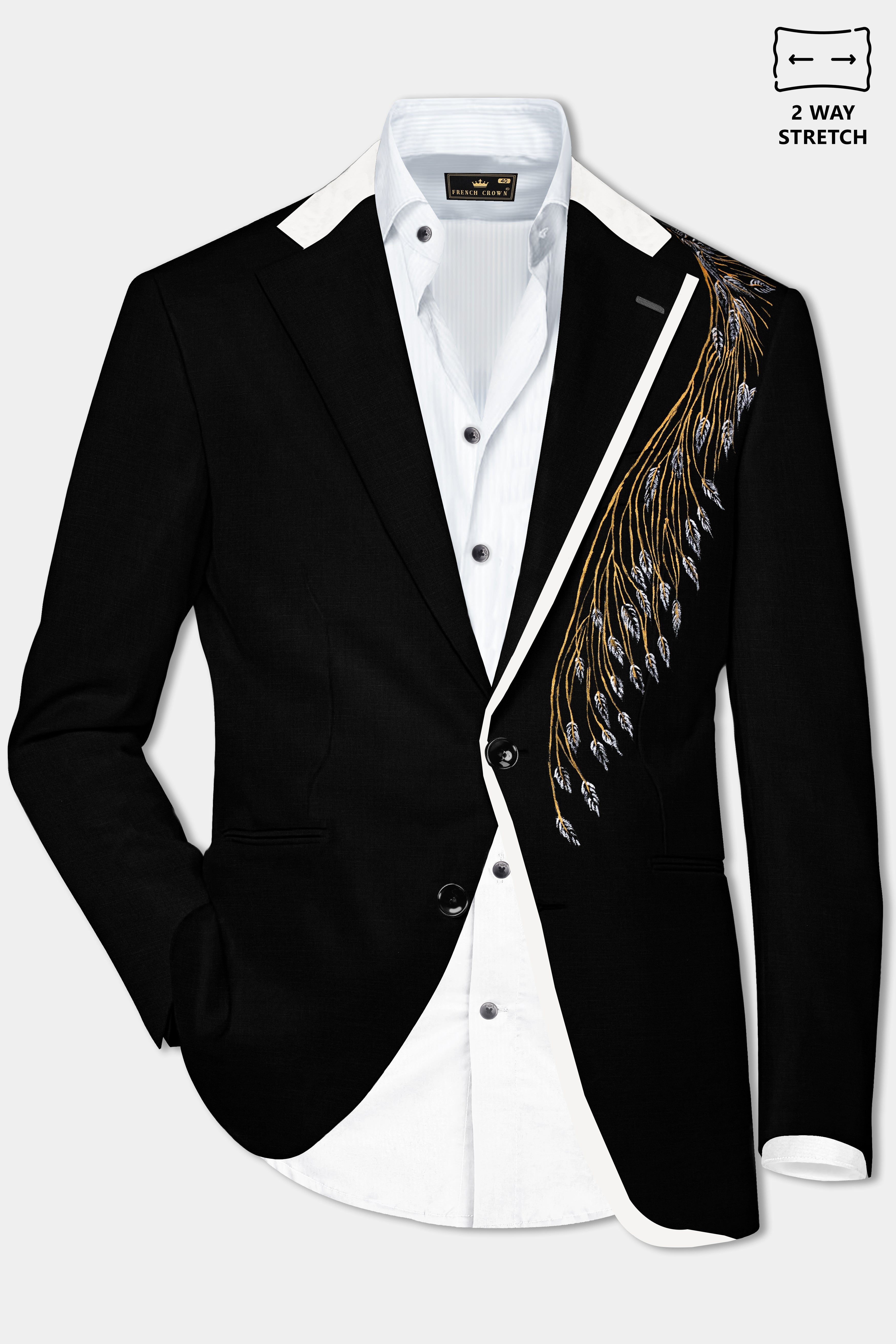 Onyx Black Hand Painted Wool Rich Hand Painted Designer Blazer