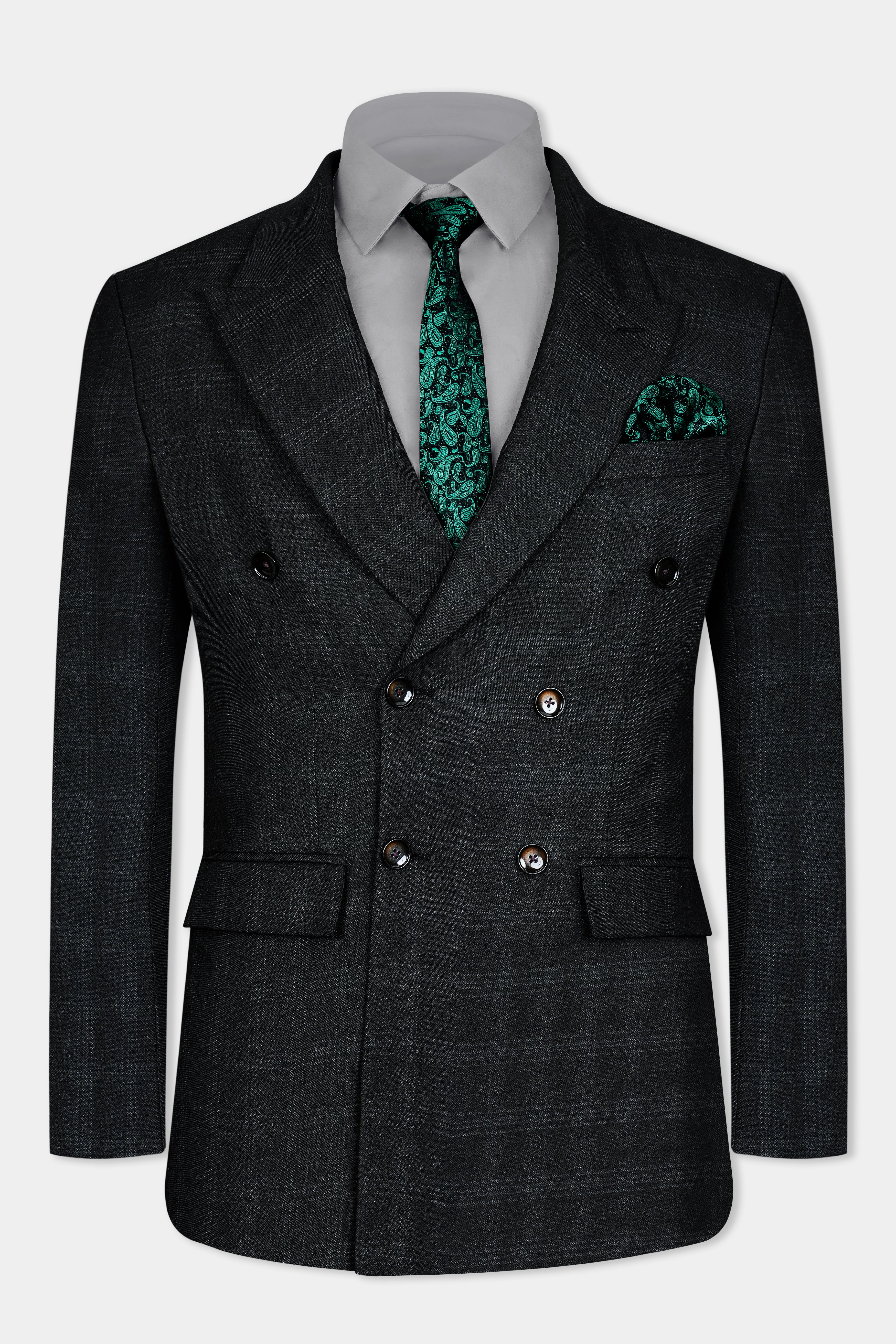 Onyx Black Subtle Checkered Wool Rich Double Breasted Blazer