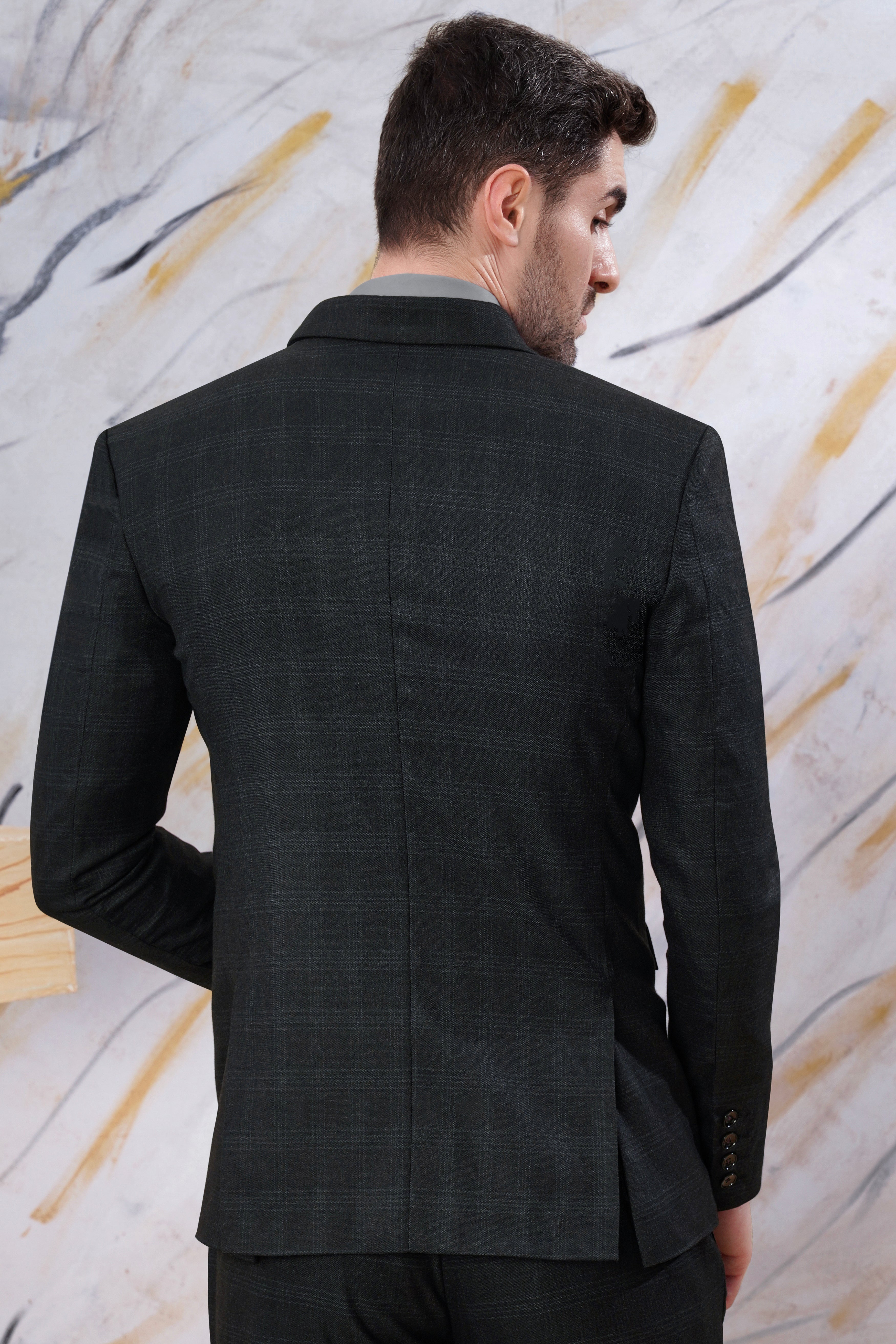 Onyx Black Subtle Checkered Wool Rich Double Breasted Blazer BL2999-DB-36, BL2999-DB-38, BL2999-DB-40, BL2999-DB-42, BL2999-DB-44, BL2999-DB-46, BL2999-DB-48, BL2999-DB-50, BL2999-DB-52, BL2999-DB-54, BL2999-DB-56, BL2999-DB-58, BL2999-DB-60