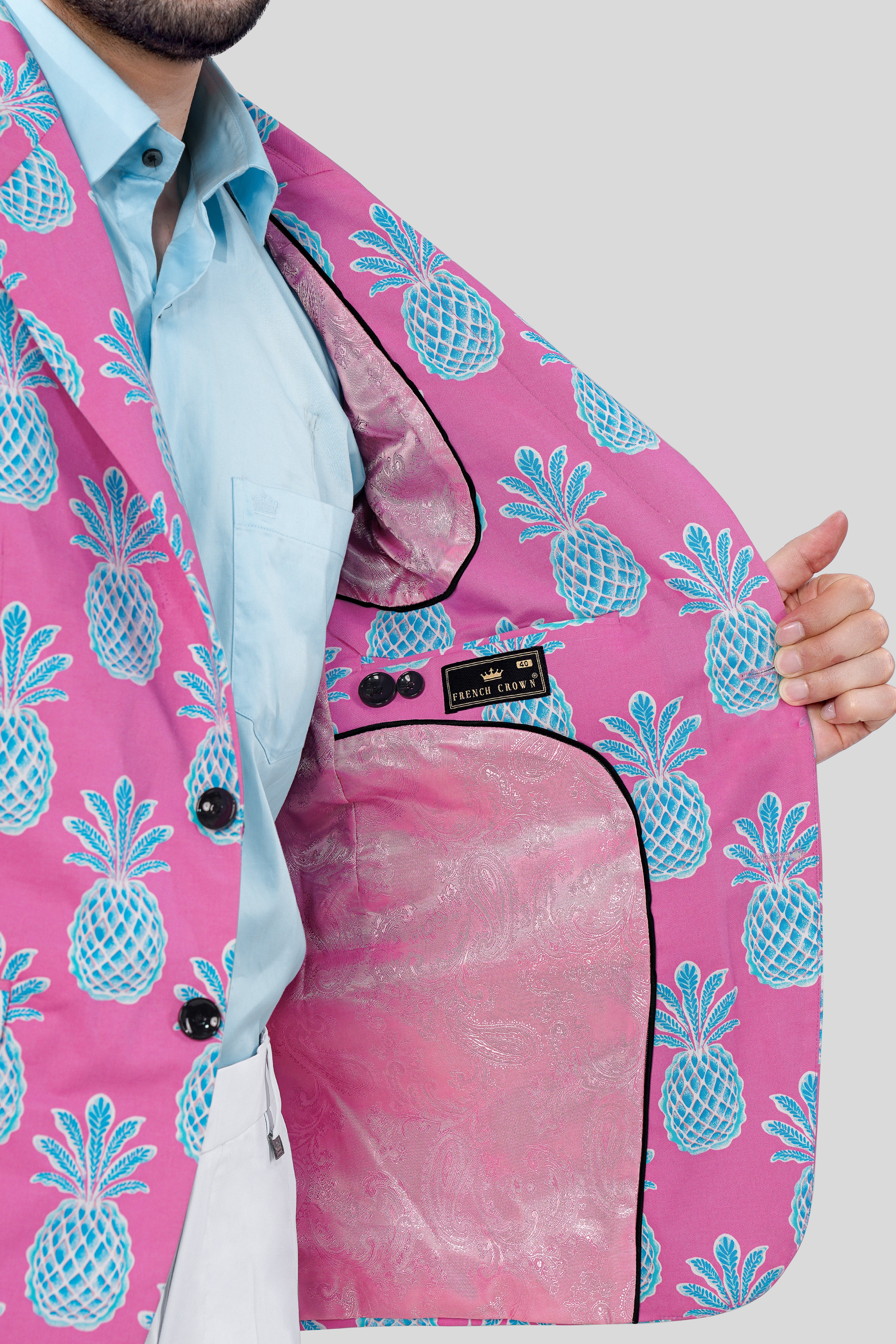 Hopbush Pink and Pelorus Blue Pineapple Printed Premium Cotton Blazer BL3012-SB-36, BL3012-SB-38, BL3012-SB-40, BL3012-SB-42, BL3012-SB-44, BL3012-SB-46, BL3012-SB-48, BL3012-SB-50, BL3012-SB-52, BL3012-SB-54, BL3012-SB-56, BL3012-SB-58, BL3012-SB-60