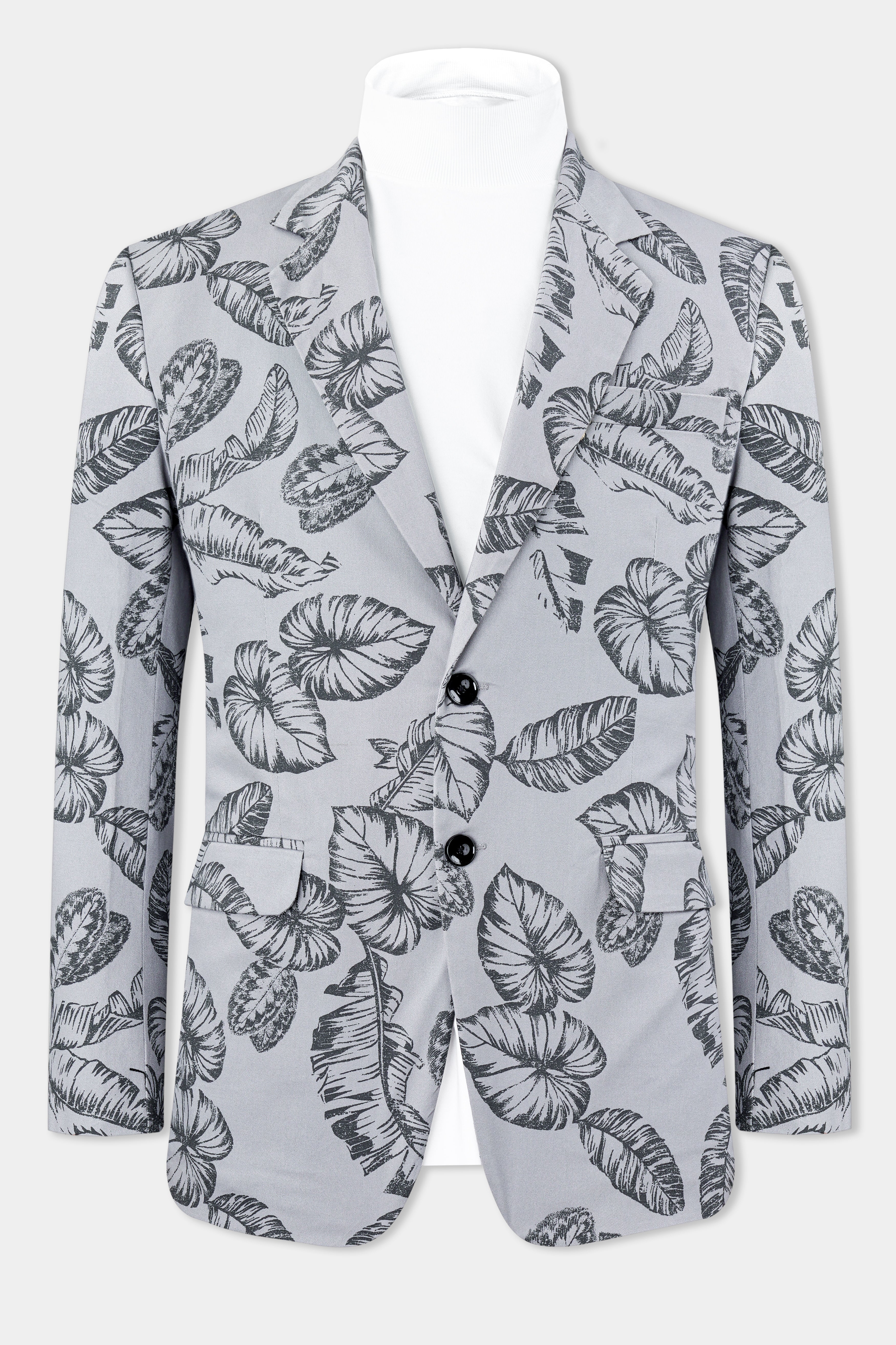 Gainsboro and Comet Gray Leaves Printed Premium Cotton Blazer BL3019-SB-36, BL3019-SB-38, BL3019-SB-40, BL3019-SB-42, BL3019-SB-44, BL3019-SB-46, BL3019-SB-48, BL3019-SB-50, BL3019-SB-52, BL3019-SB-54, BL3019-SB-56, BL3019-SB-58, BL3019-SB-60