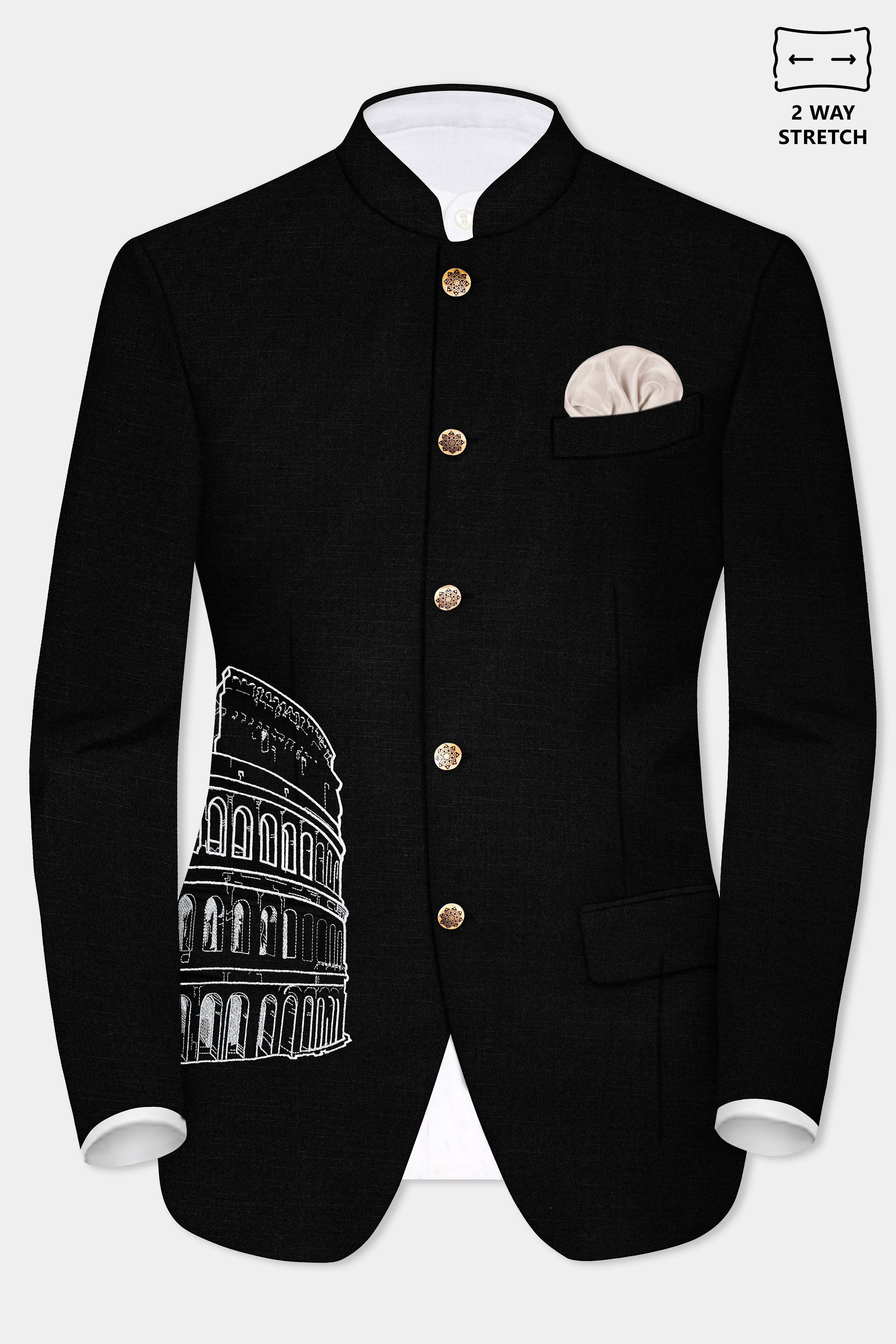 Jade Black Stretchable Colosseum Embroidered Wool Rich Designer Blazer