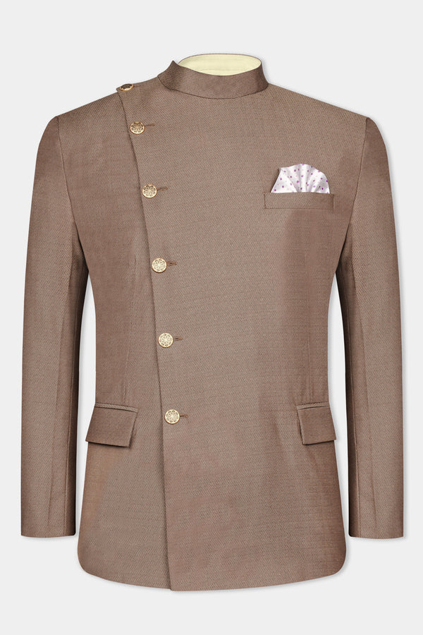 Hemp Brown Cross Buttoned Wool Rich Bandhgala Blazer