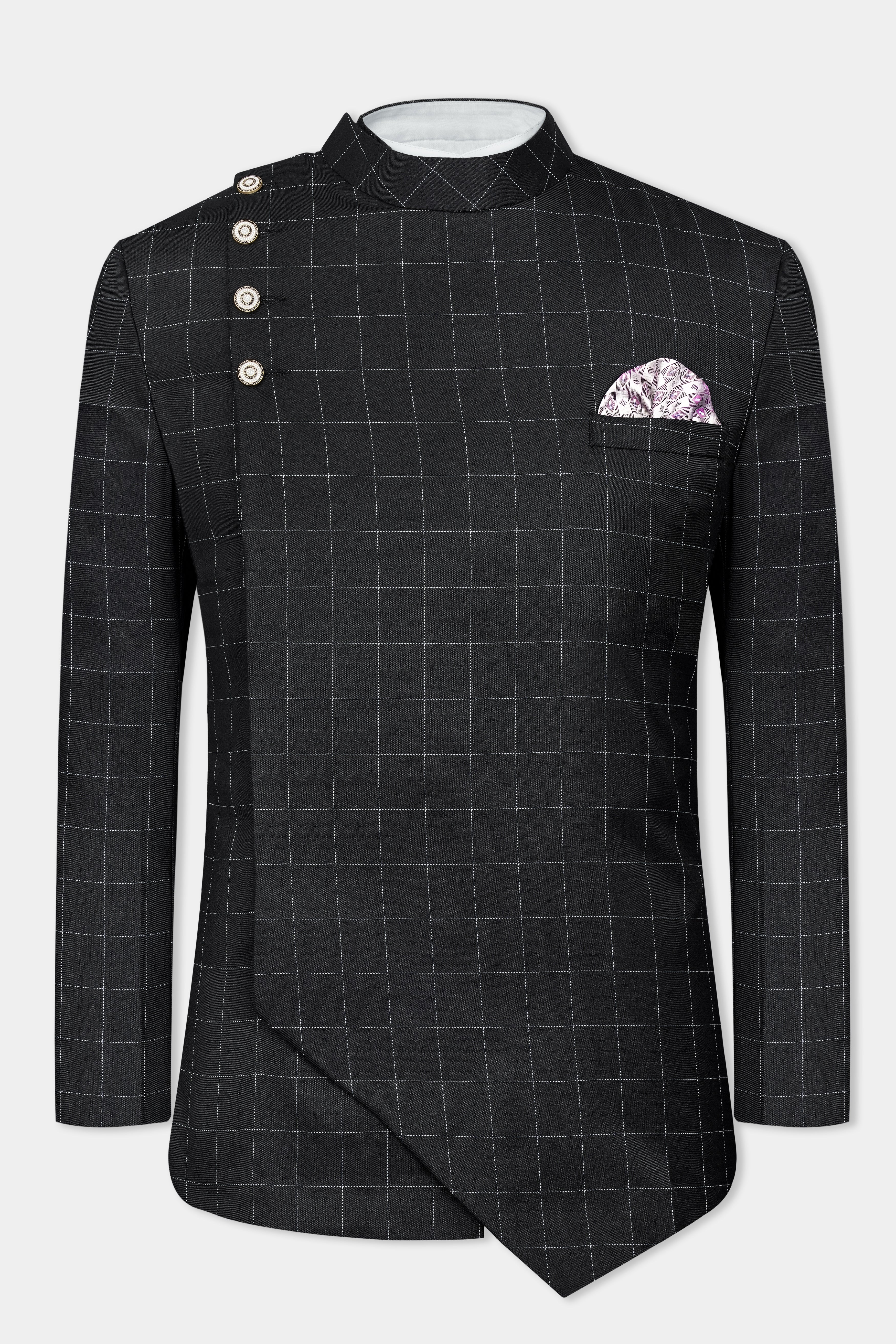 Jade Black Windowpane Wool Rich Bandhgala Designer Blazer BL3070-CBG-D397-36, BL3070-CBG-D397-38, BL3070-CBG-D397-40, BL3070-CBG-D397-42, BL3070-CBG-D397-44, BL3070-CBG-D397-46, BL3070-CBG-D397-48, BL3070-CBG-D397-50, BL3070-CBG-D397-52, BL3070-CBG-D397-54, BL3070-CBG-D397-56, BL3070-CBG-D397-58, BL3070-CBG-D397-60