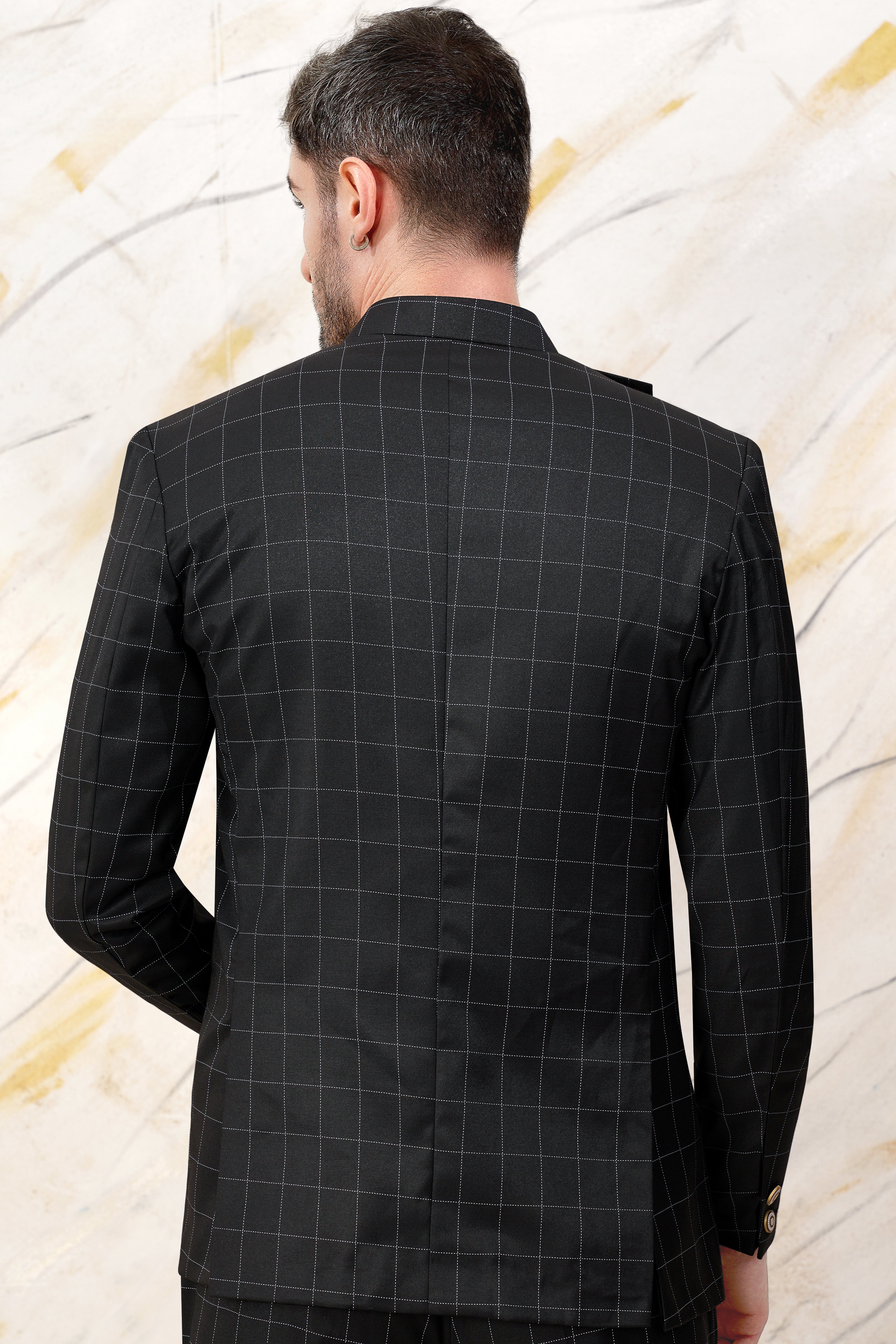 Jade Black Windowpane Wool Rich Bandhgala Designer Blazer